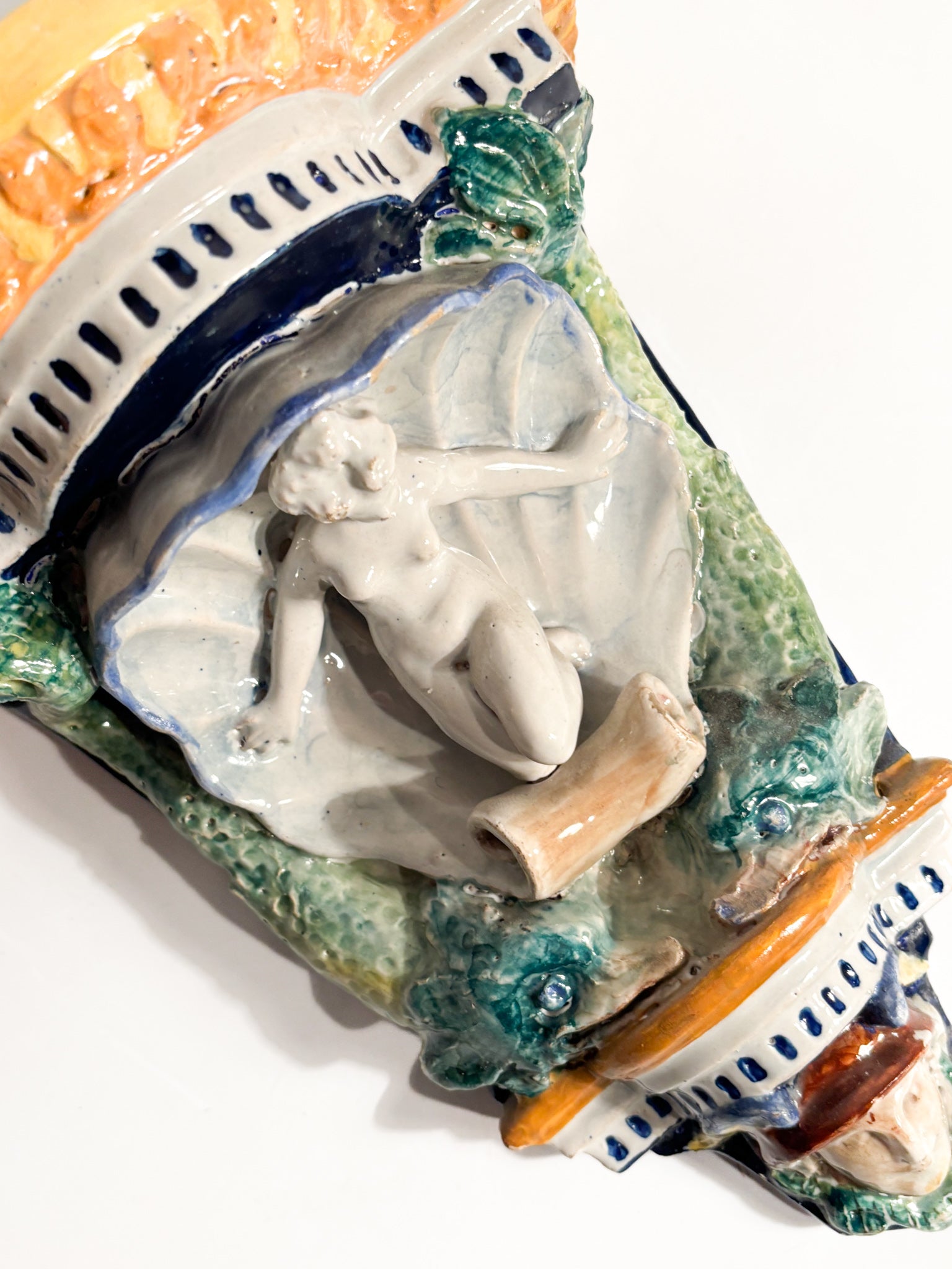 Wall Shelf in Faenza Ceramic with Shell and Checkered Pattern Early Twentieth Century