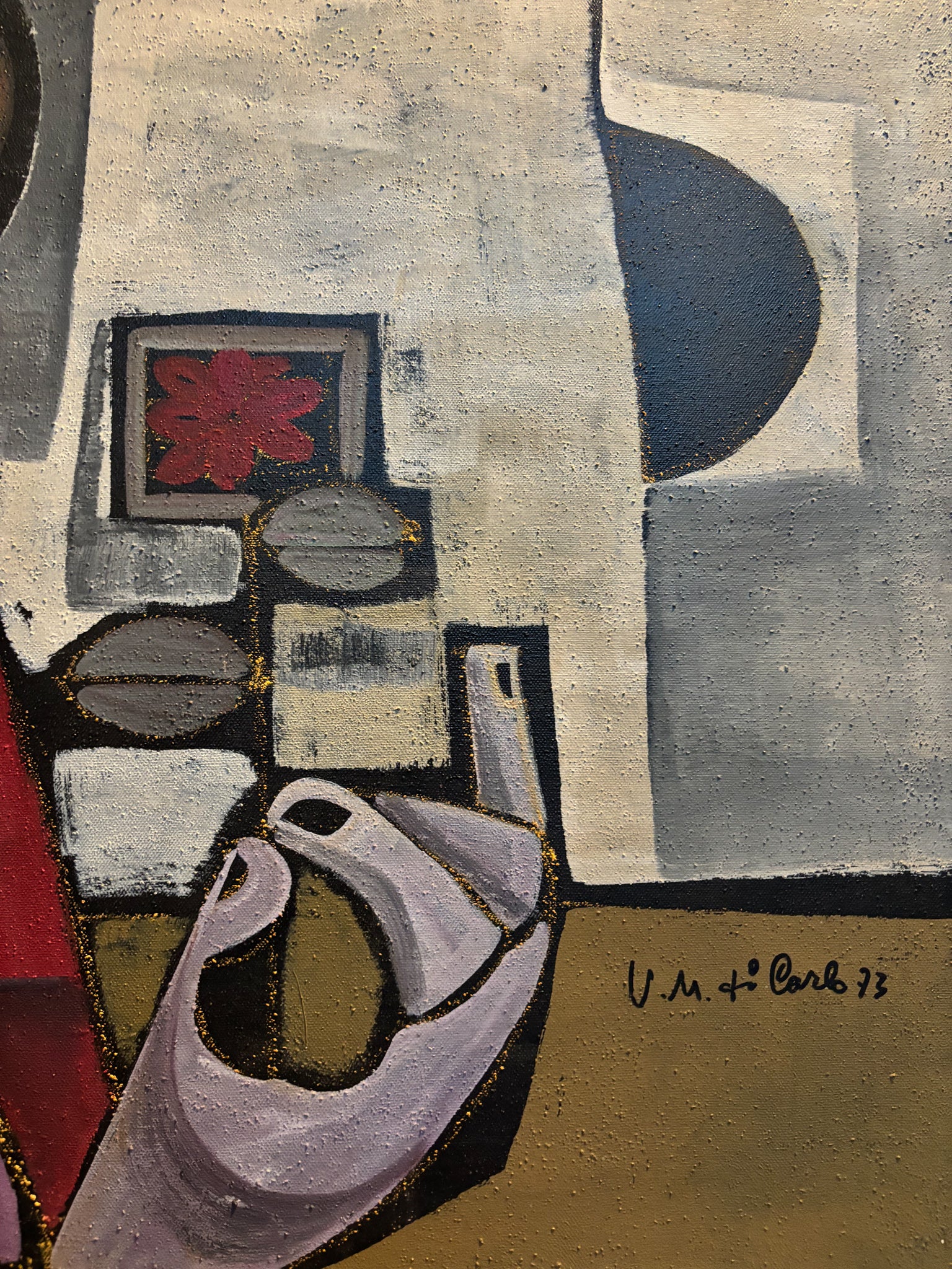 Dipinto 'Il Fiore Rosso', Vernice su Sabbia, di Vittorio Maria Di Carlo del 1973