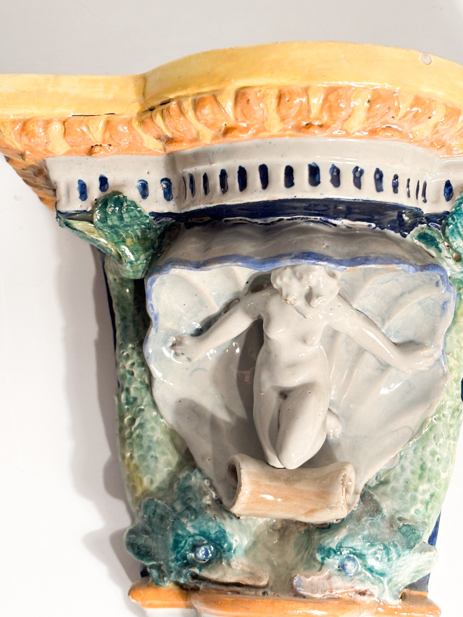 Wall Shelf in Faenza Ceramic with Shell and Checkered Pattern Early Twentieth Century