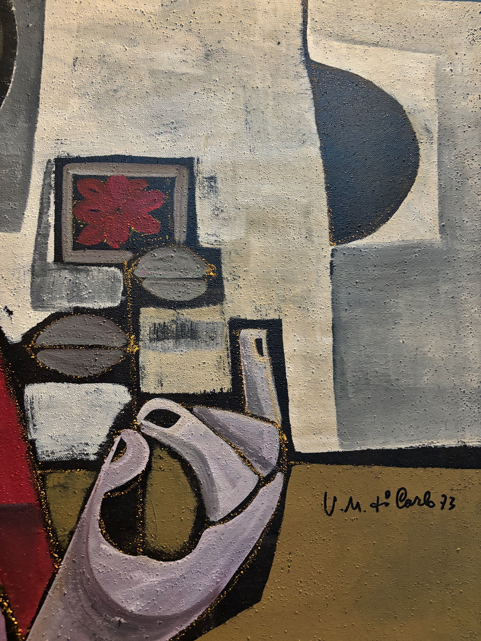 Dipinto 'Il Fiore Rosso', Vernice su Sabbia, di Vittorio Maria Di Carlo del 1973