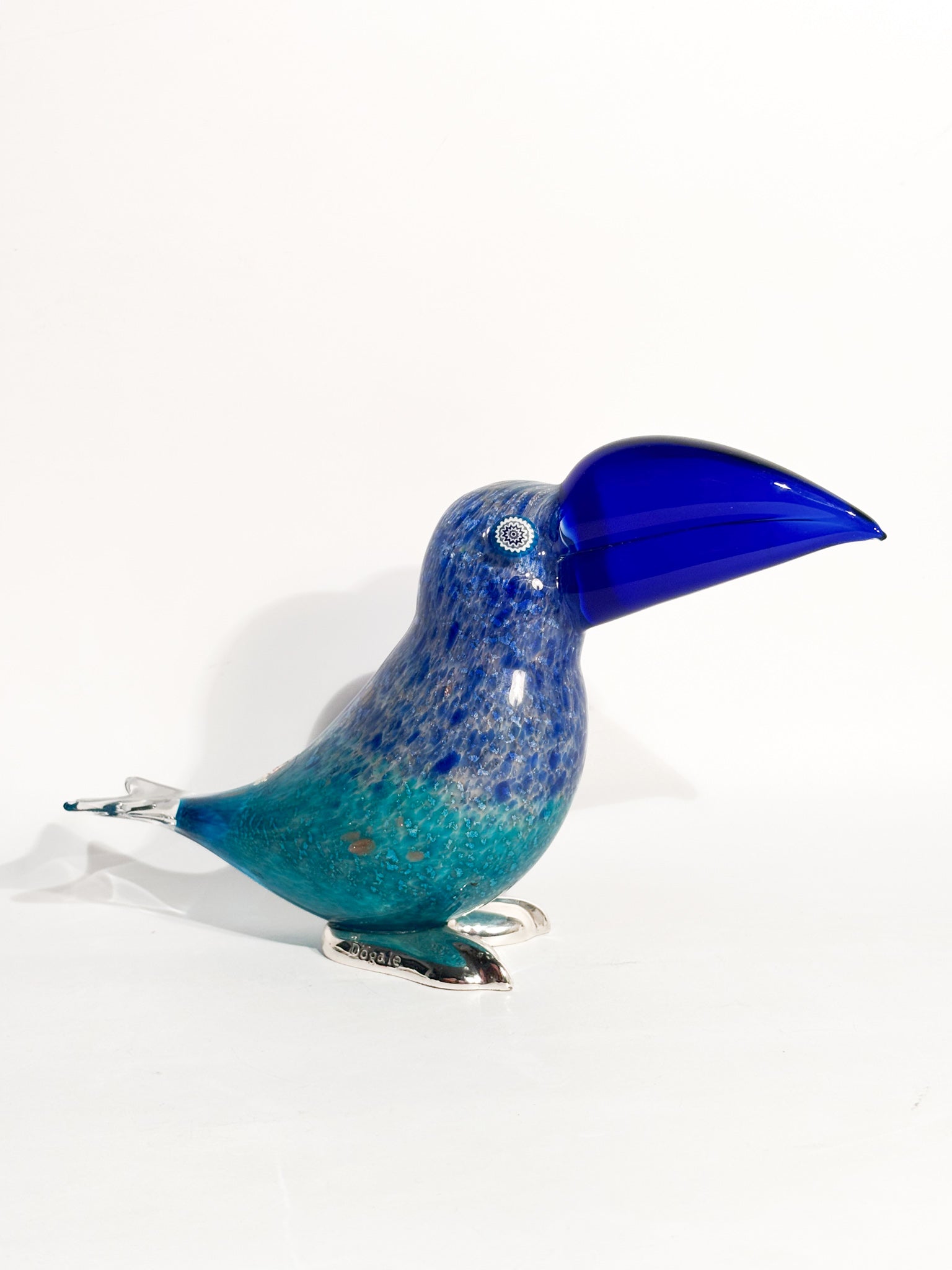 Scultura di Tucano in Vetro di Murano Blu e Metallo Argentato Dogale Anni 80