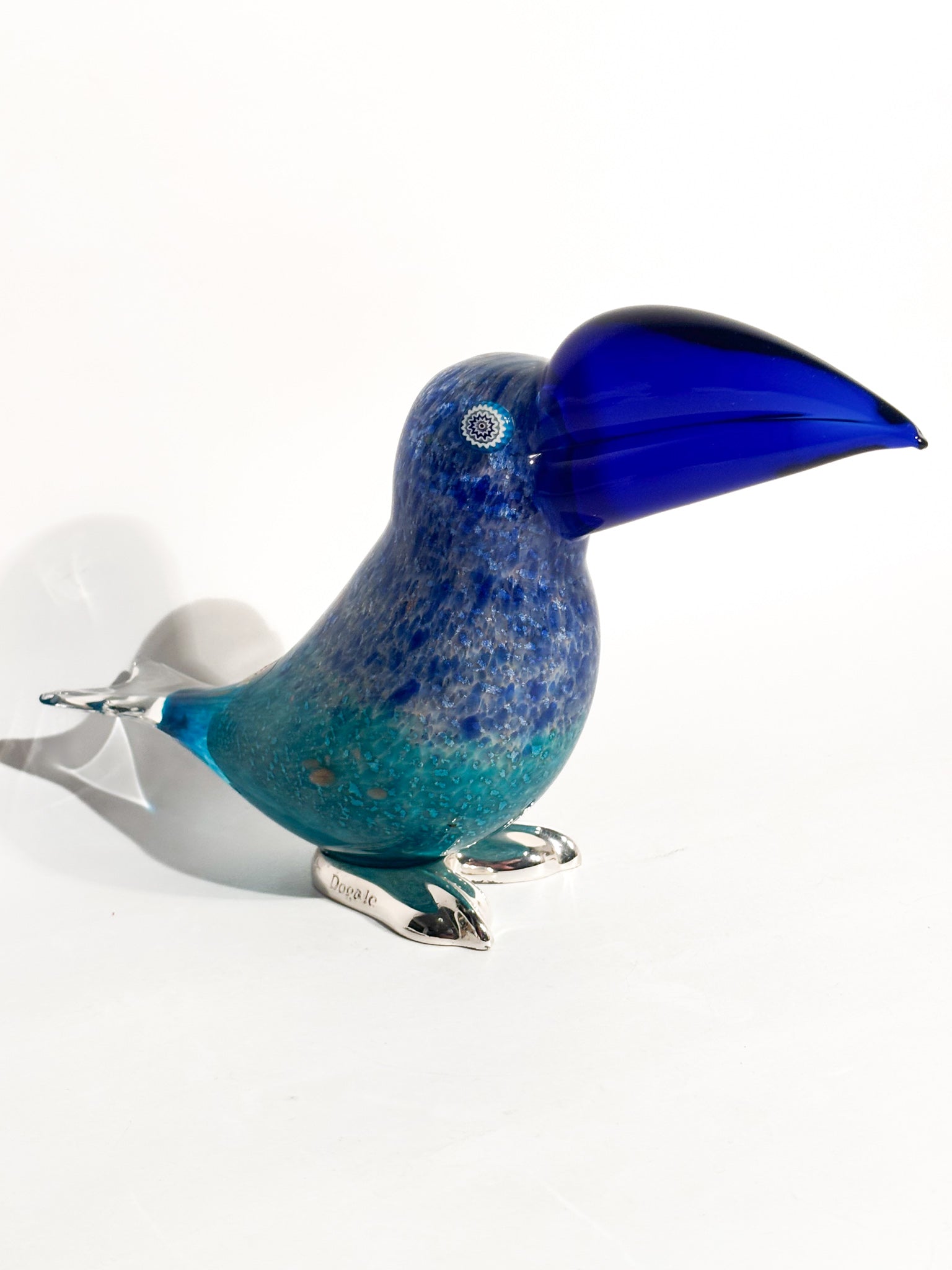 Scultura di Tucano in Vetro di Murano Blu e Metallo Argentato Dogale Anni 80