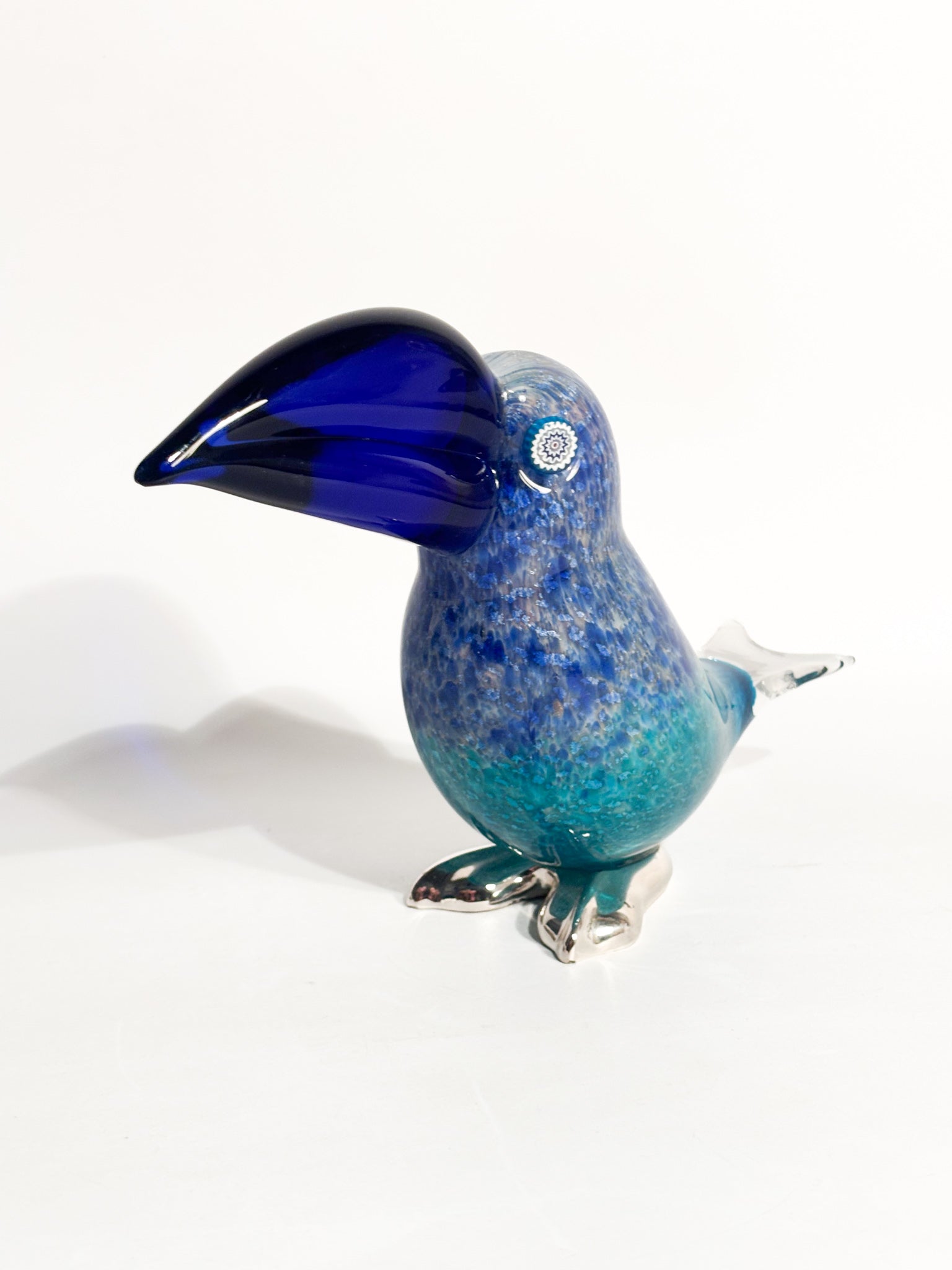 Scultura di Tucano in Vetro di Murano Blu e Metallo Argentato Dogale Anni 80