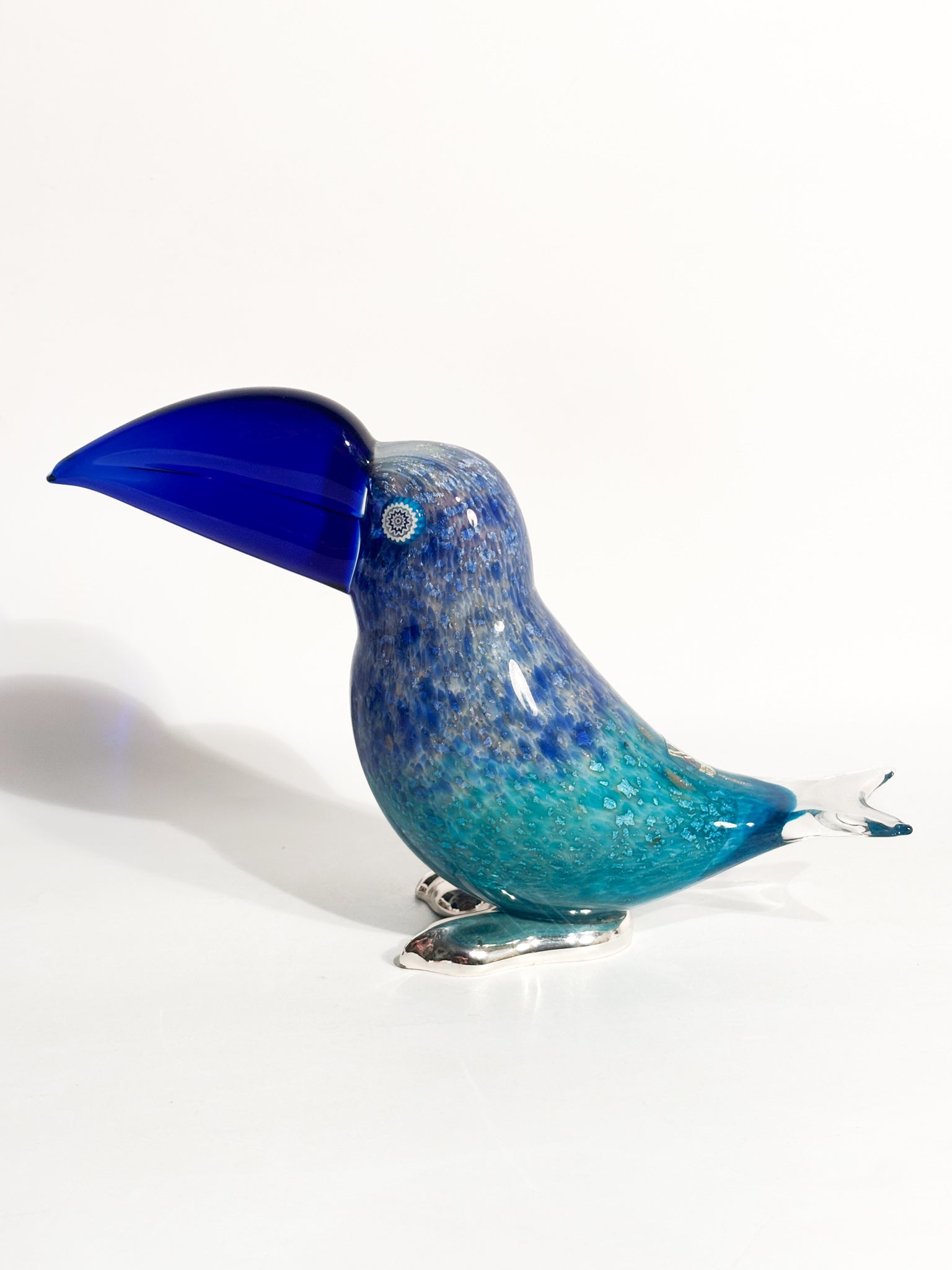 Scultura di Tucano in Vetro di Murano Blu e Metallo Argentato Dogale Anni 80