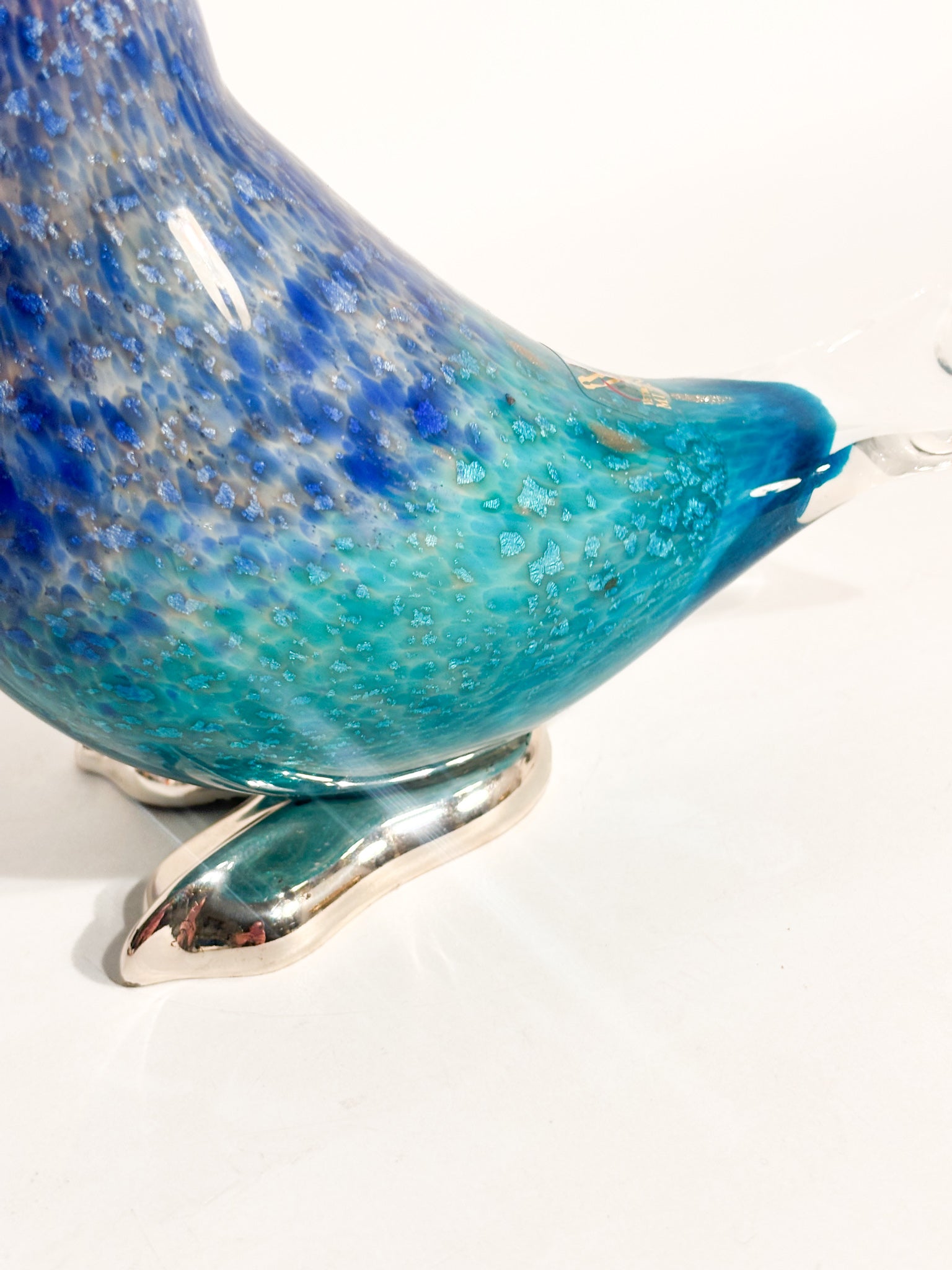 Scultura di Tucano in Vetro di Murano Blu e Metallo Argentato Dogale Anni 80