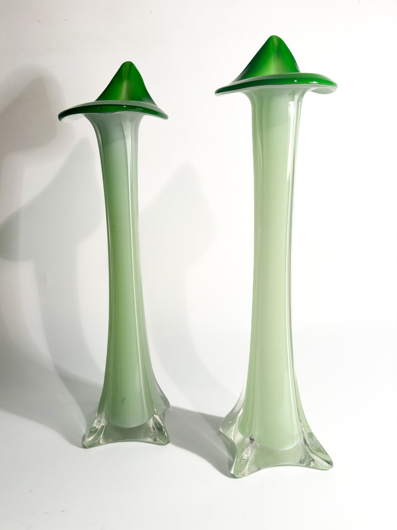 Pair of Single-lancet Vases in Green Murano Glass from the 1970s