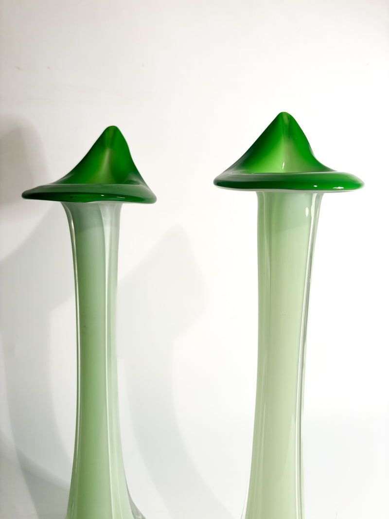 Pair of Single-lancet Vases in Green Murano Glass from the 1970s