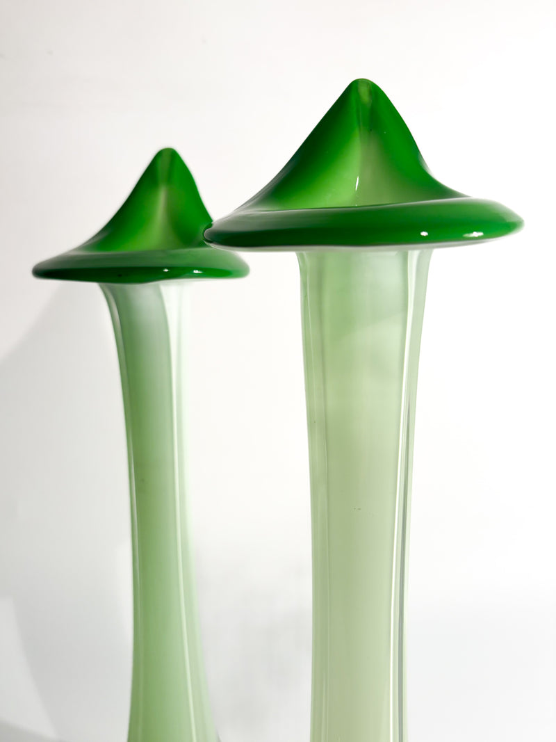 Pair of Single-lancet Vases in Green Murano Glass from the 1970s