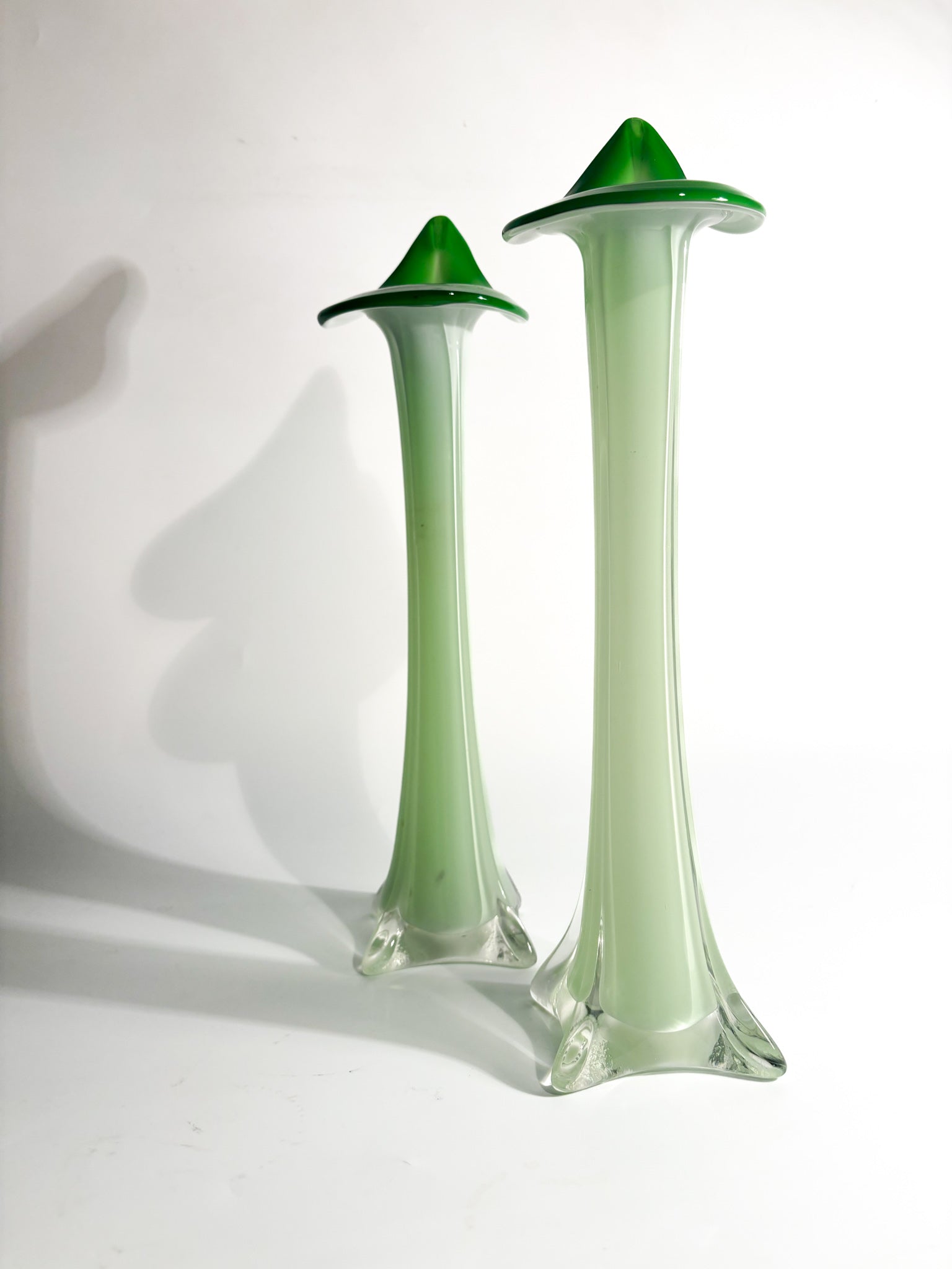 Pair of Single-lancet Vases in Green Murano Glass from the 1970s