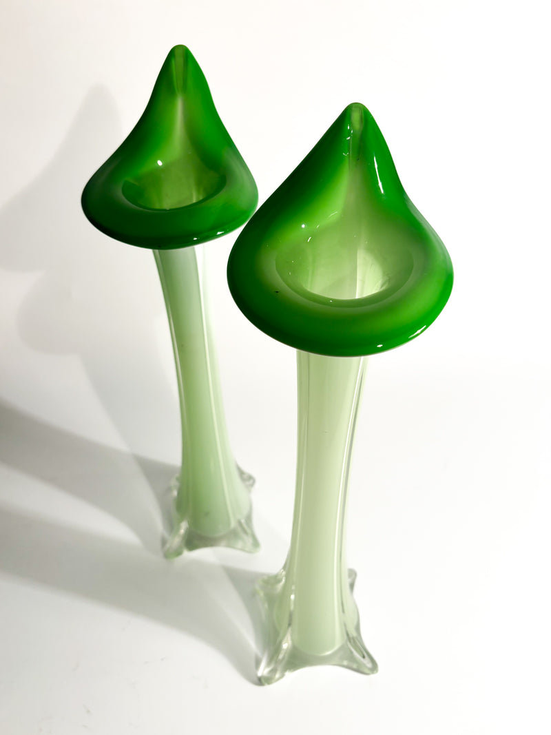 Pair of Single-lancet Vases in Green Murano Glass from the 1970s