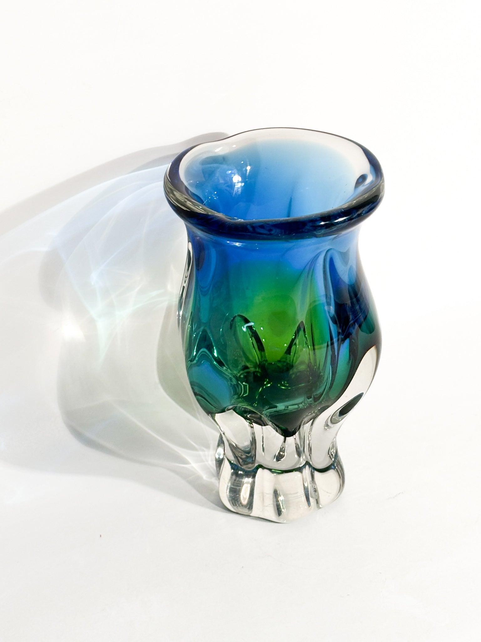 Vaso in Vetro di Murano Sommerso Blu e Verde Anni 70