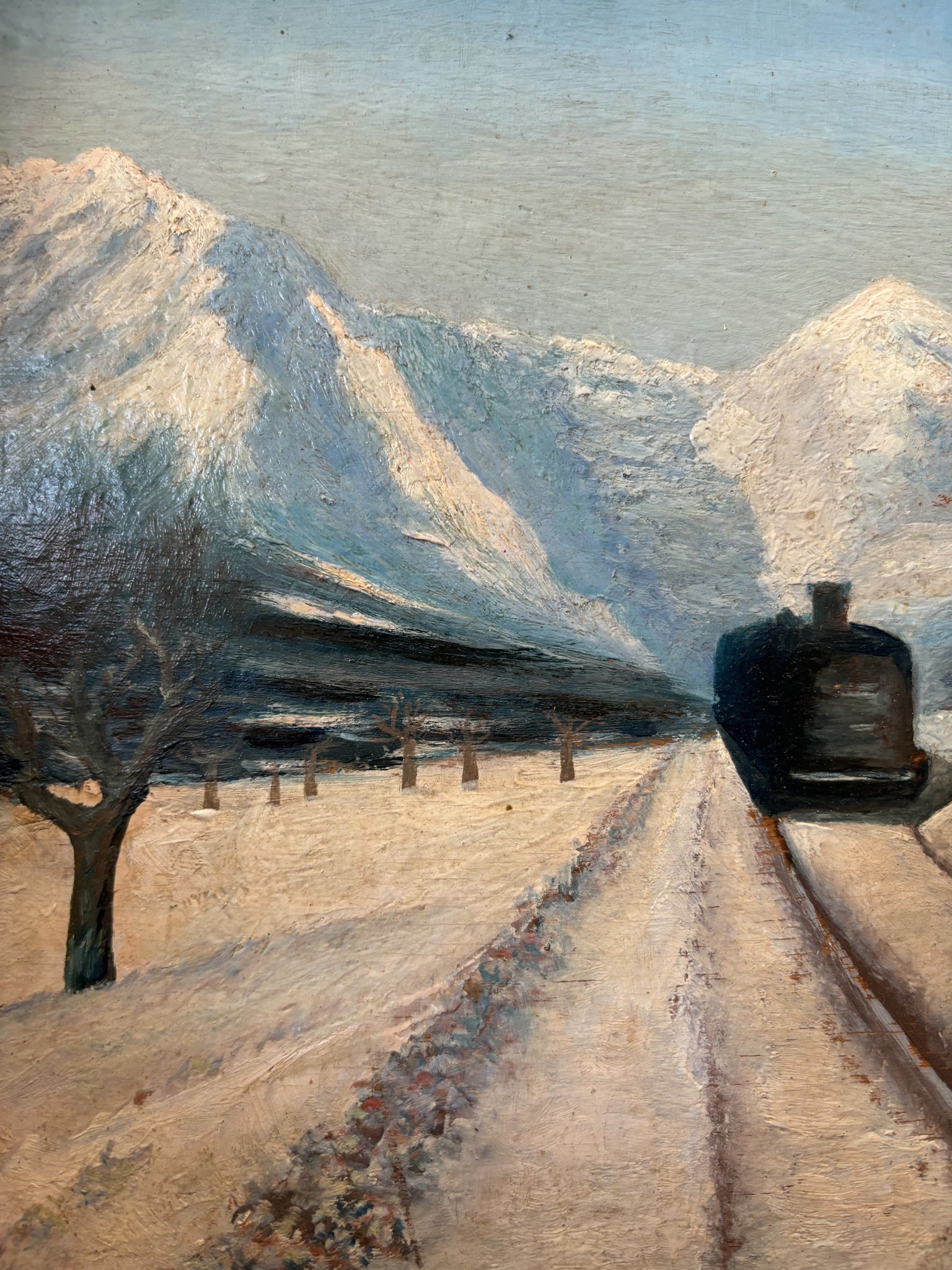 Oil painting on wood by Clusone with Leonardi's train from 1928-1929
