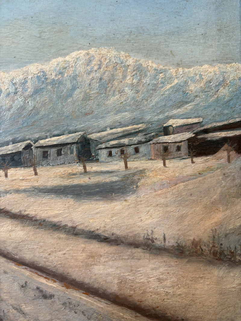 Dipinto Olio su Tavola di Clusone con Treno di Leonardi del 1928-1929