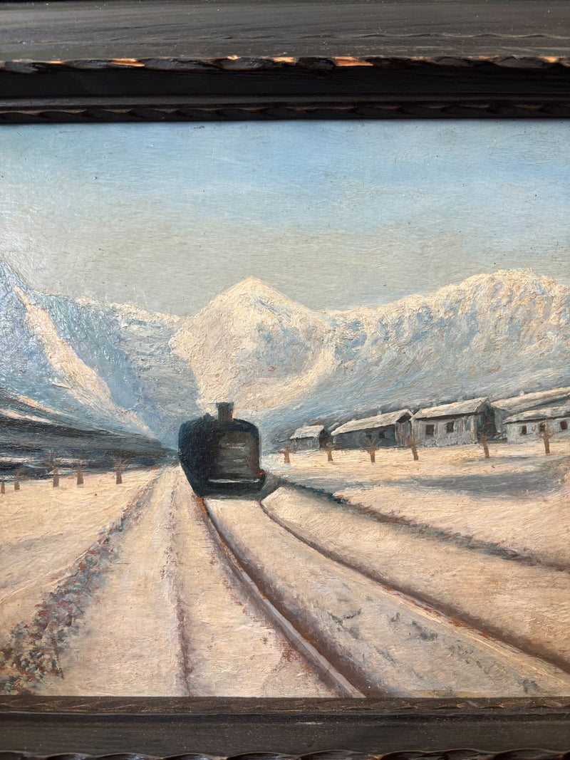 Oil painting on wood by Clusone with Leonardi's train from 1928-1929
