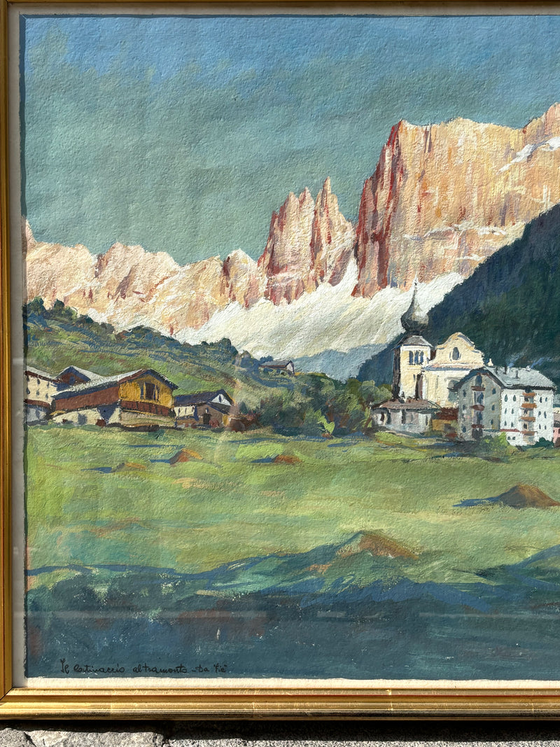 Dipinto Tempera di Carta 'Il Catenaccio al Tramonto da Fiè' di Fausto Cattaneo del 1950