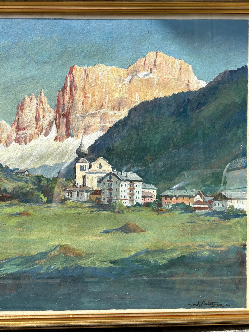 Dipinto Tempera di Carta 'Il Catenaccio al Tramonto da Fiè' di Fausto Cattaneo del 1950