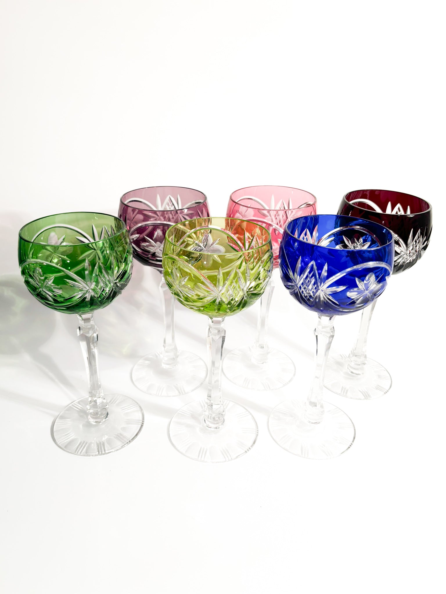 Set of Six Multicolored French Crystal Glasses from the 1950s