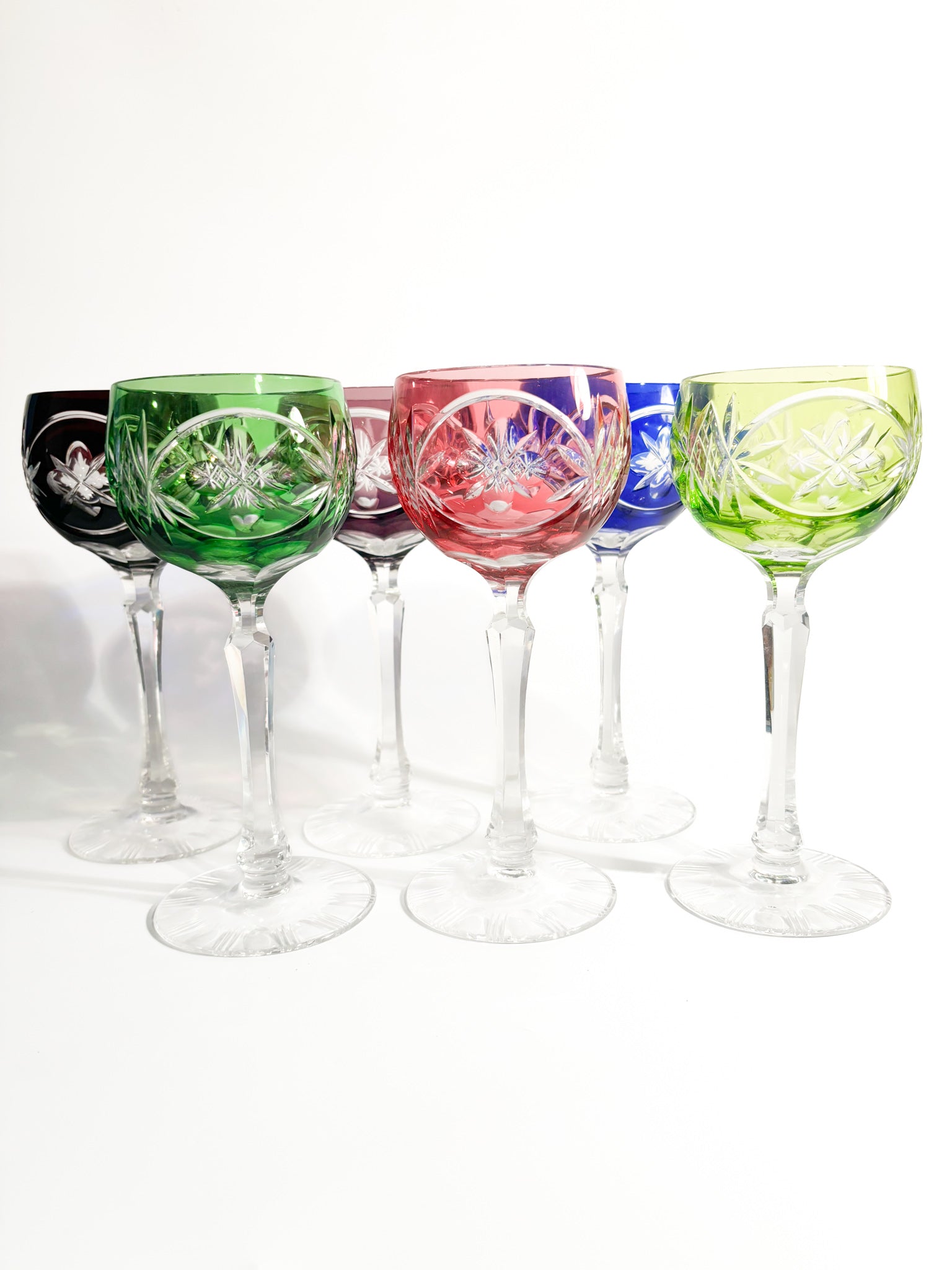 Set of Six Multicolored French Crystal Glasses from the 1950s
