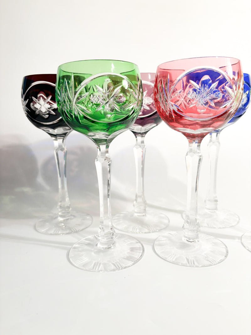 Set of Six Multicolored French Crystal Glasses from the 1950s