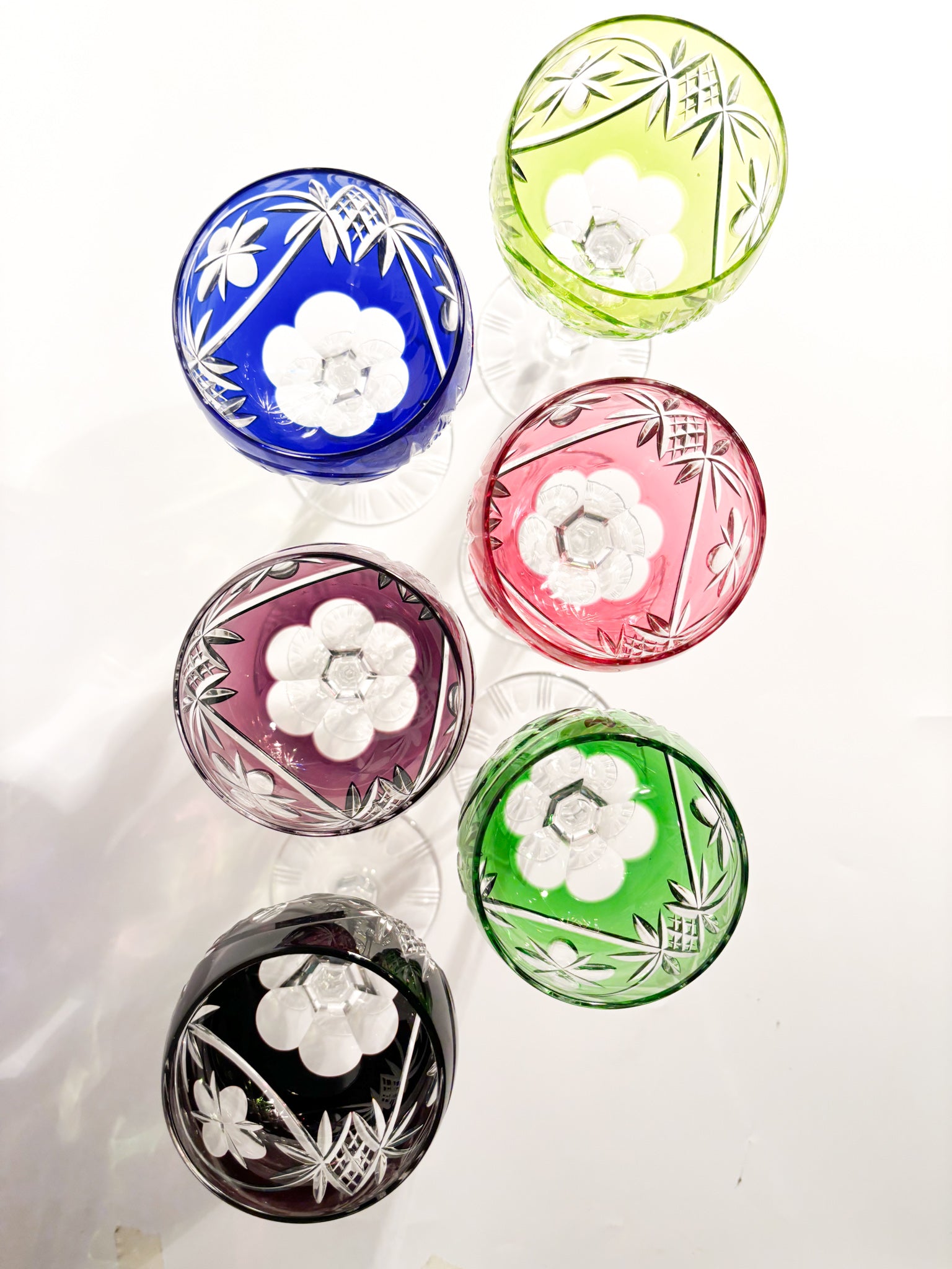 Set of Six Multicolored French Crystal Glasses from the 1950s