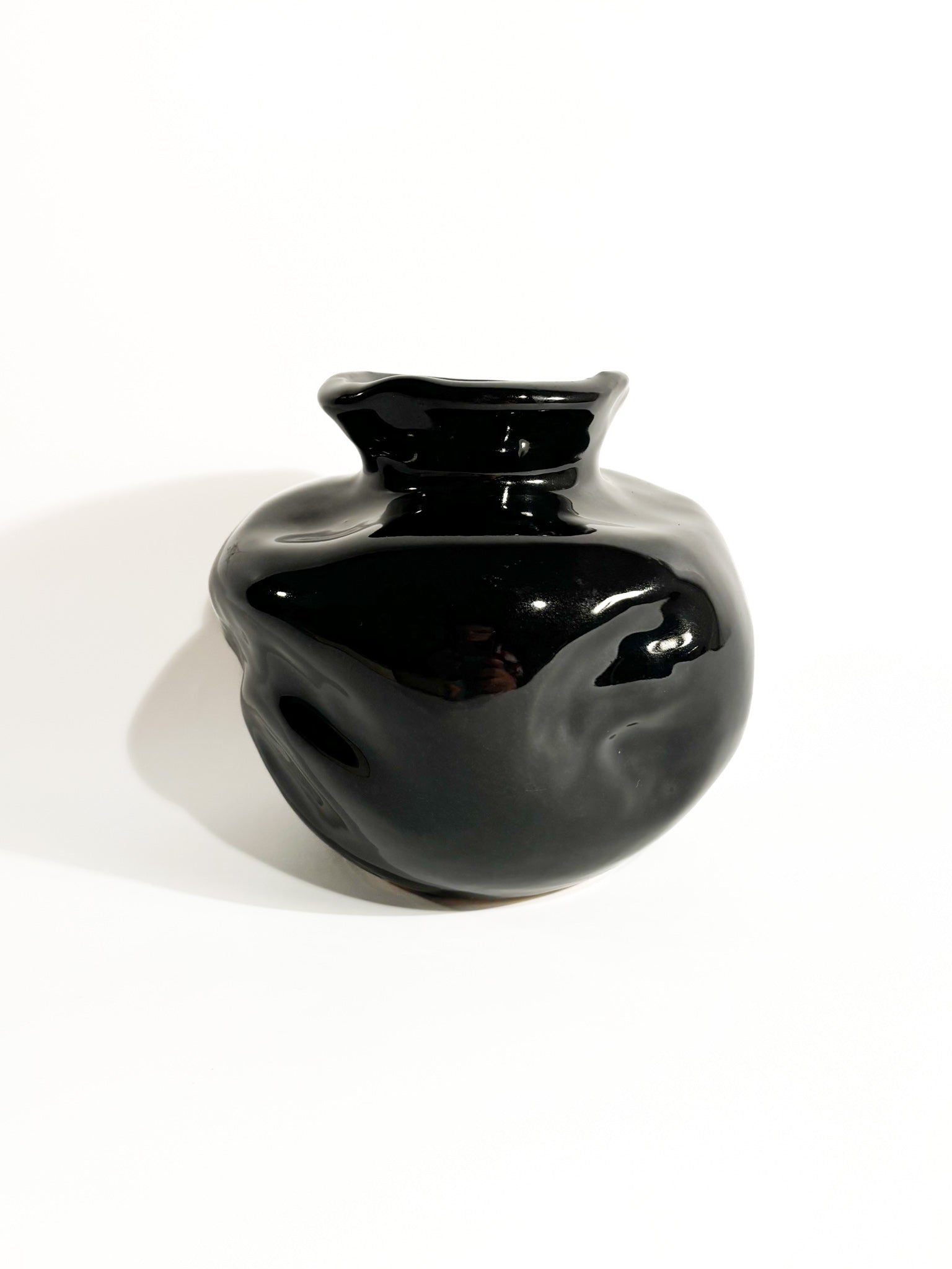 Dented Italian Painted Black Ceramic Vase from the 1980s