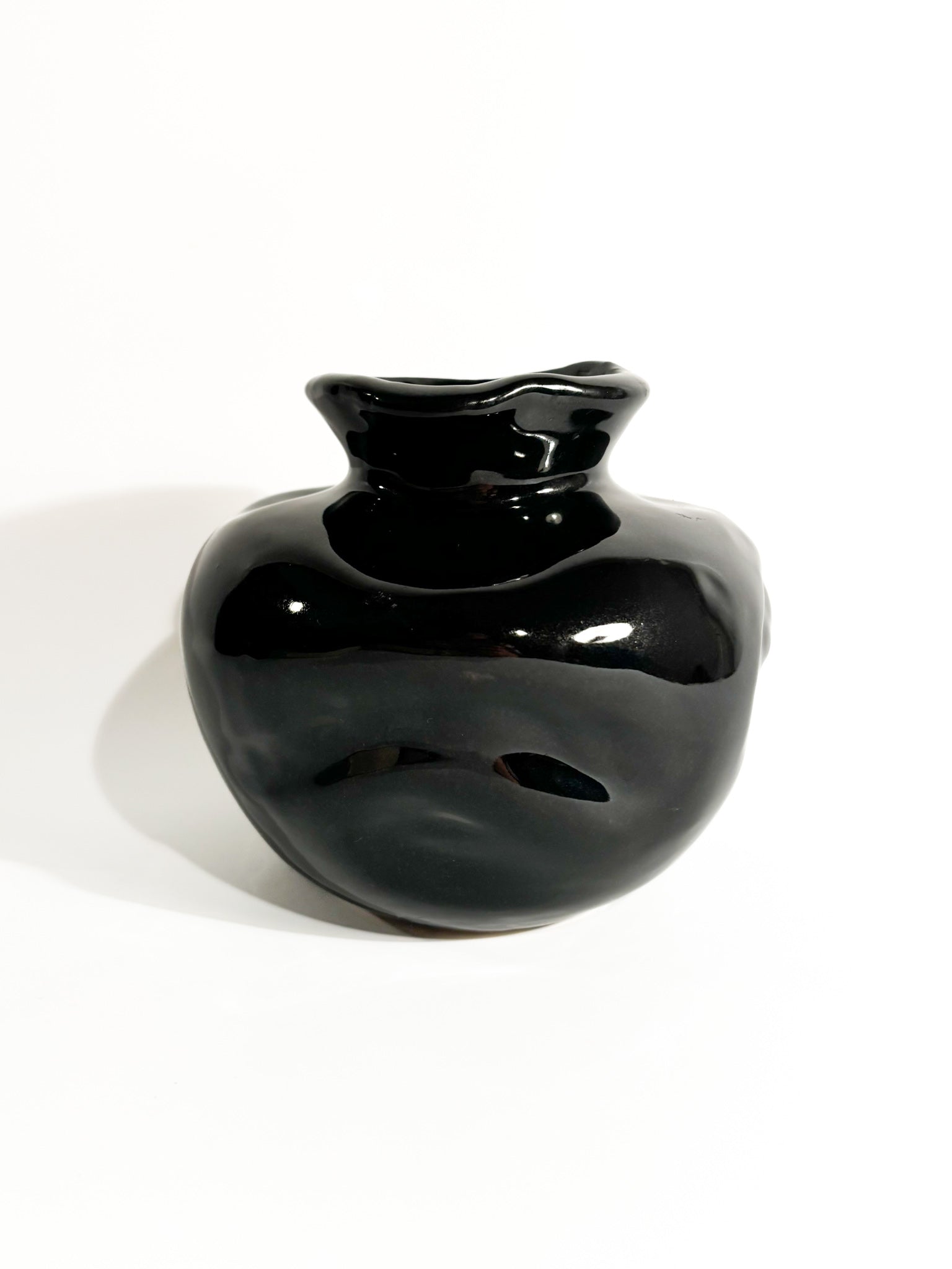 Dented Italian Painted Black Ceramic Vase from the 1980s