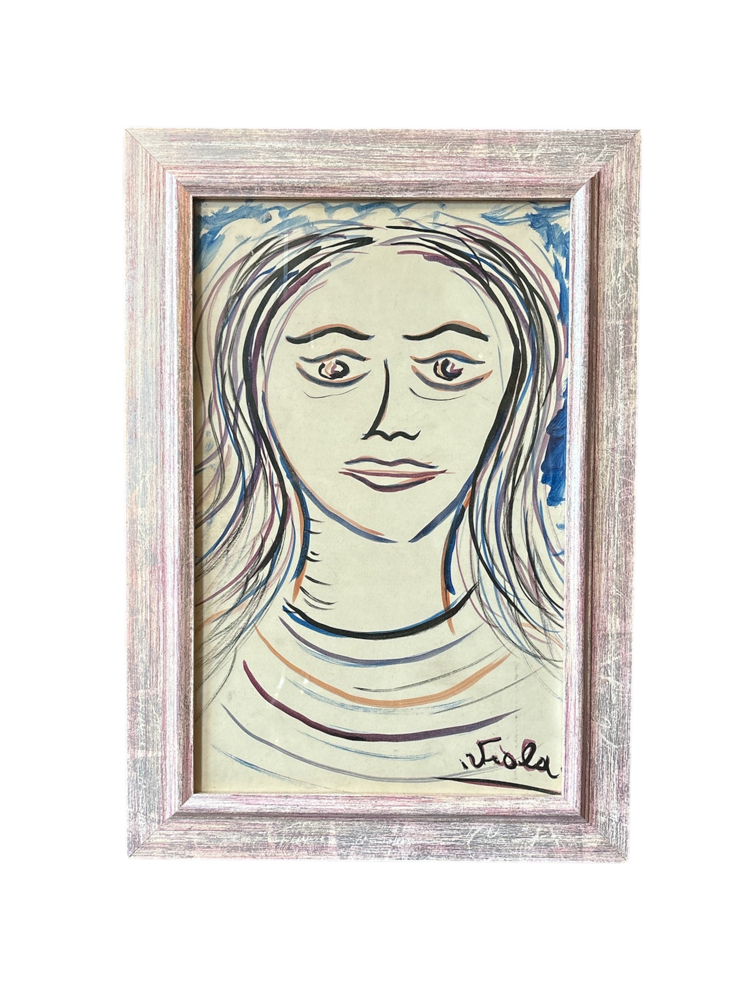 Mixed Technique Painting on Paper of a Female Portrait of Giuseppe Viola from the 1970s