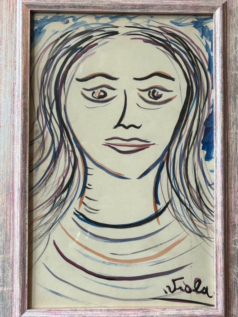 Mixed Technique Painting on Paper of a Female Portrait of Giuseppe Viola from the 1970s