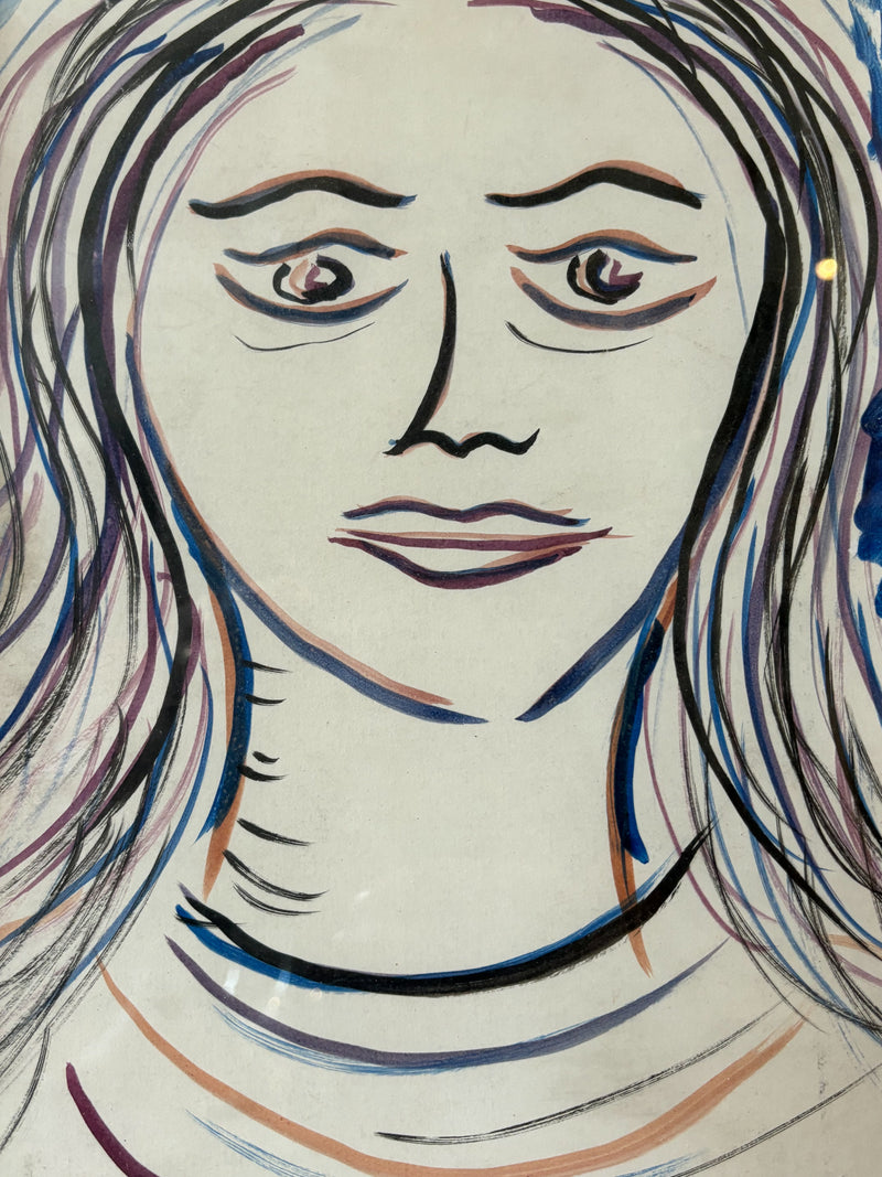 Mixed Technique Painting on Paper of a Female Portrait of Giuseppe Viola from the 1970s