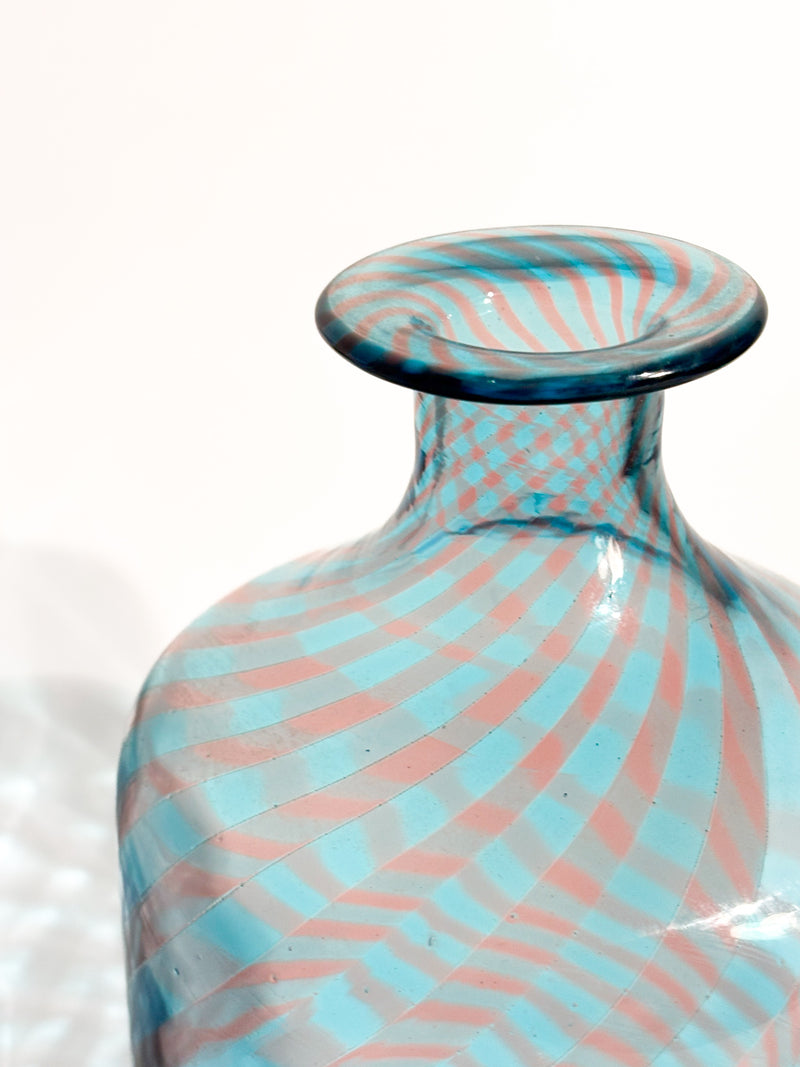 Vaso Monofiore La Murrina in Vetro di Murano Azzurro e Rosa Lavorazione a Canne Anni 80