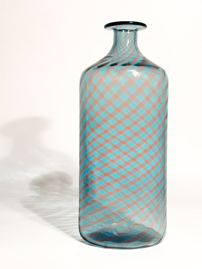 Vaso Monofiore La Murrina in Vetro di Murano Azzurro e Rosa Lavorazione a Canne Anni 80