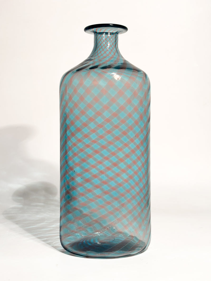 Vaso Monofiore La Murrina in Vetro di Murano Azzurro e Rosa Lavorazione a Canne Anni 80