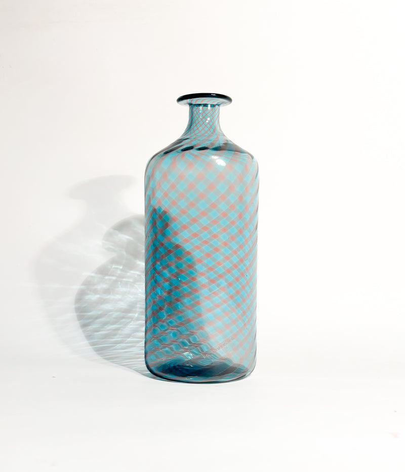Vaso Monofiore La Murrina in Vetro di Murano Azzurro e Rosa Lavorazione a Canne Anni 80