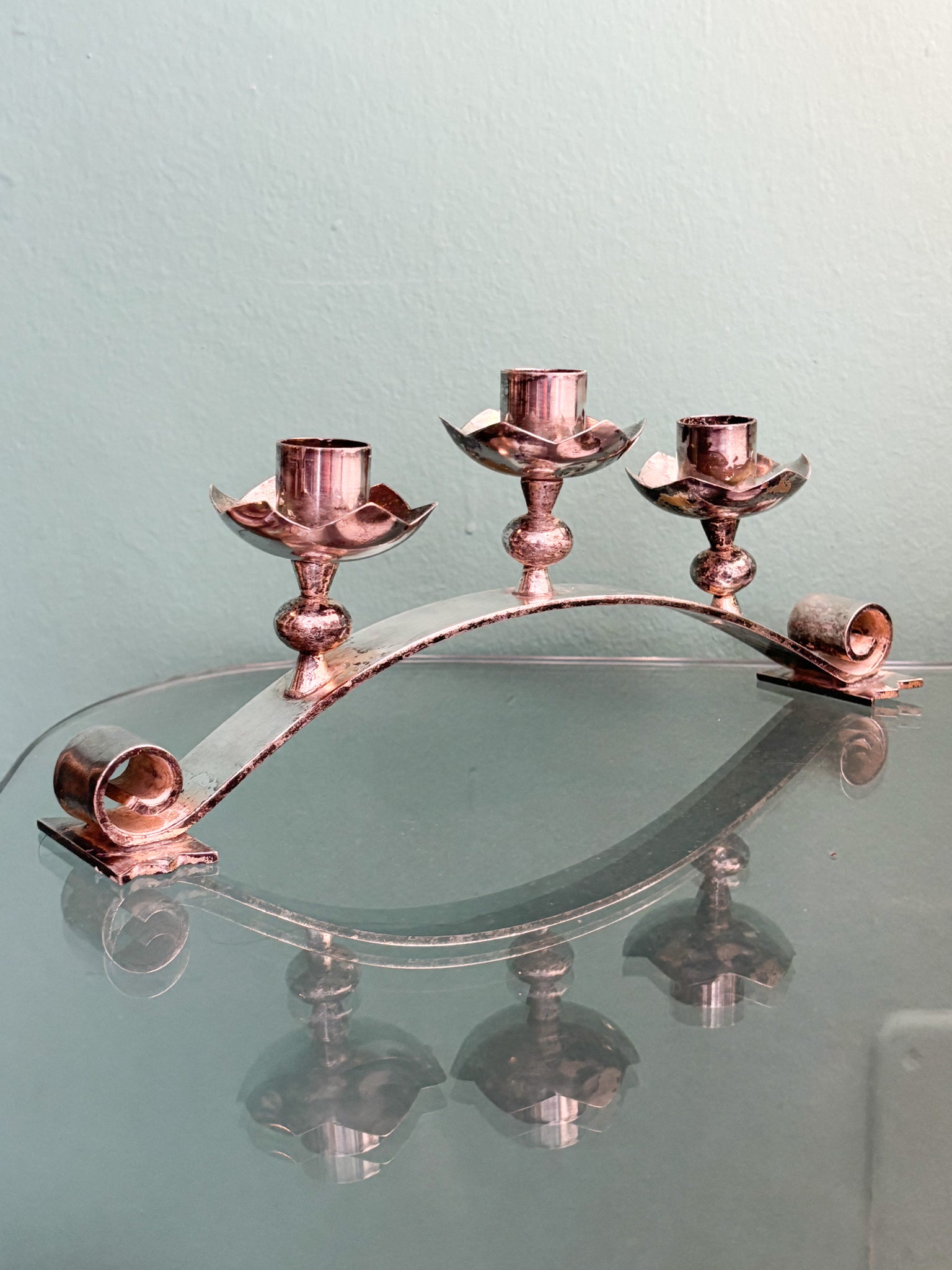 Portacandele Triplo in Metallo Argentato Manifattura Italiana Anni 50