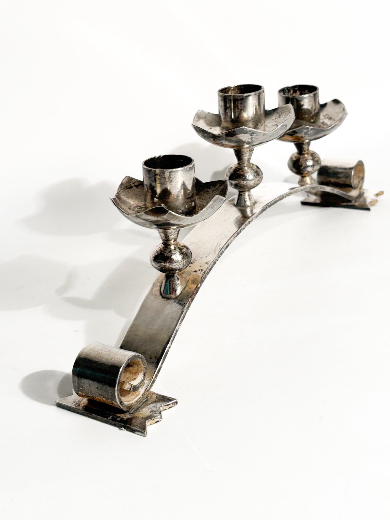 Portacandele Triplo in Metallo Argentato Manifattura Italiana Anni 50