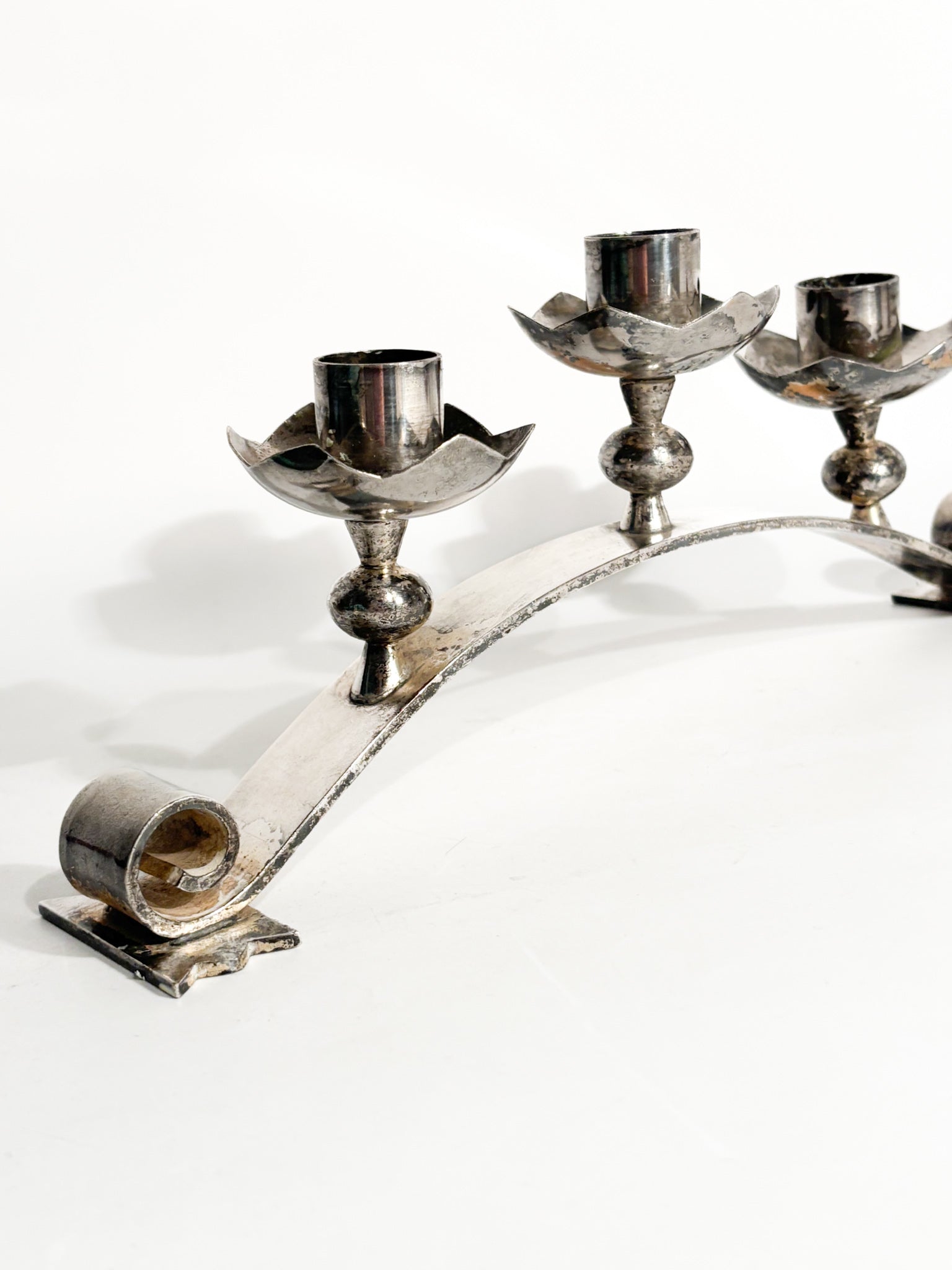 Portacandele Triplo in Metallo Argentato Manifattura Italiana Anni 50