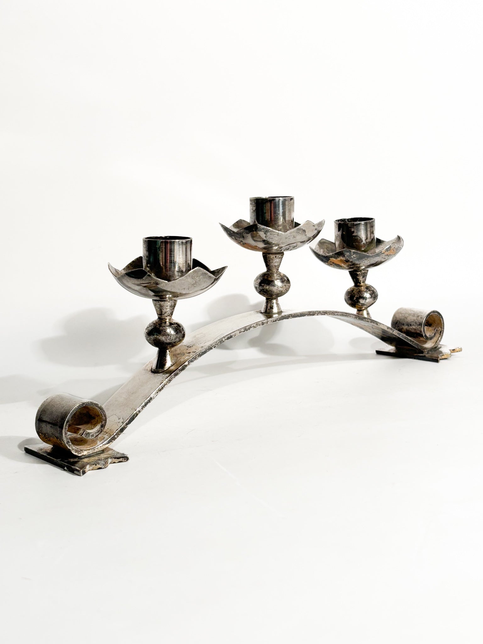 Portacandele Triplo in Metallo Argentato Manifattura Italiana Anni 50