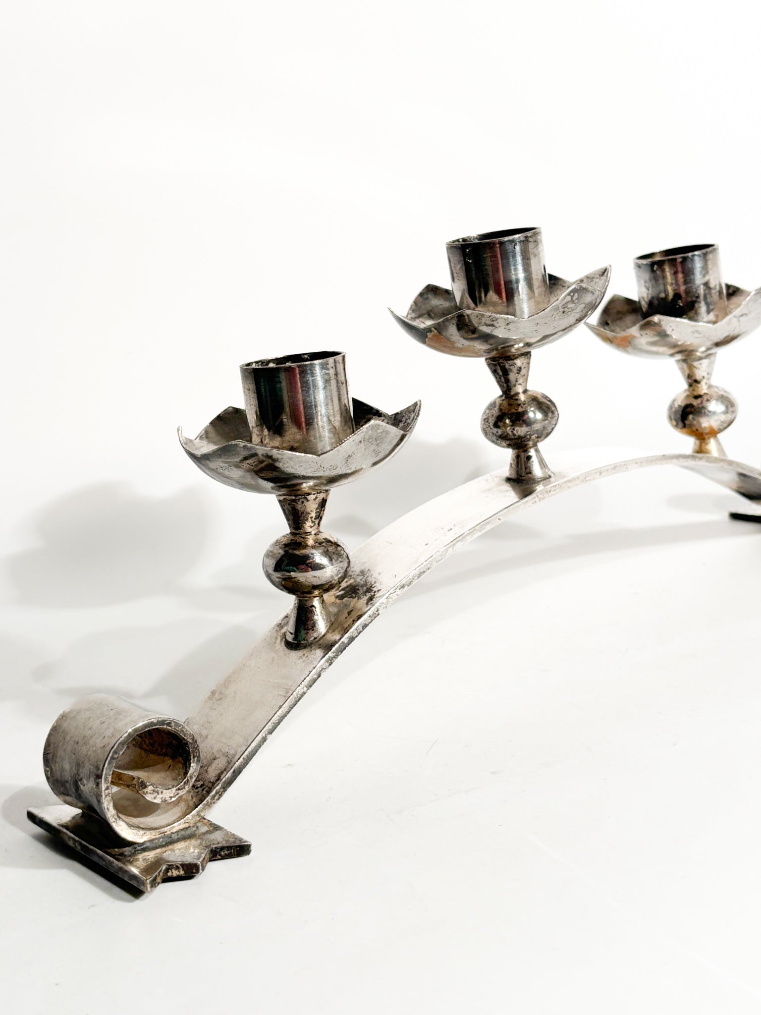 Portacandele Triplo in Metallo Argentato Manifattura Italiana Anni 50