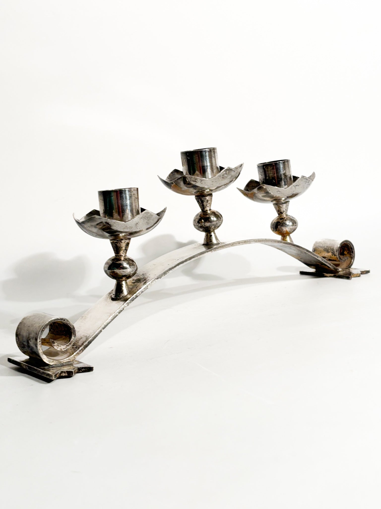 Portacandele Triplo in Metallo Argentato Manifattura Italiana Anni 50