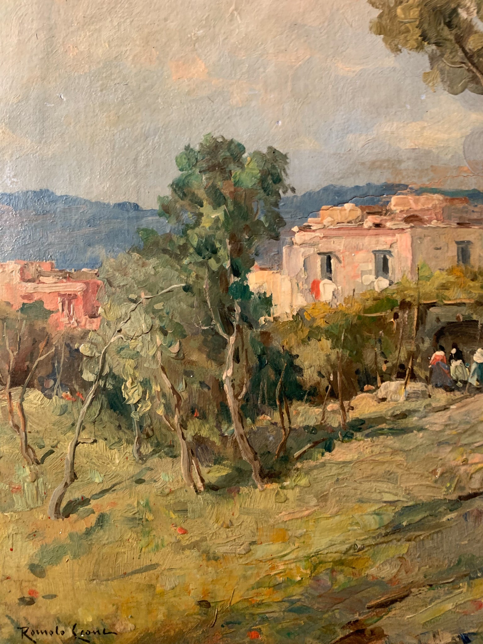 Oil Painting on Canvas of a Rural Landscape by Romolo Leone from the 1920s