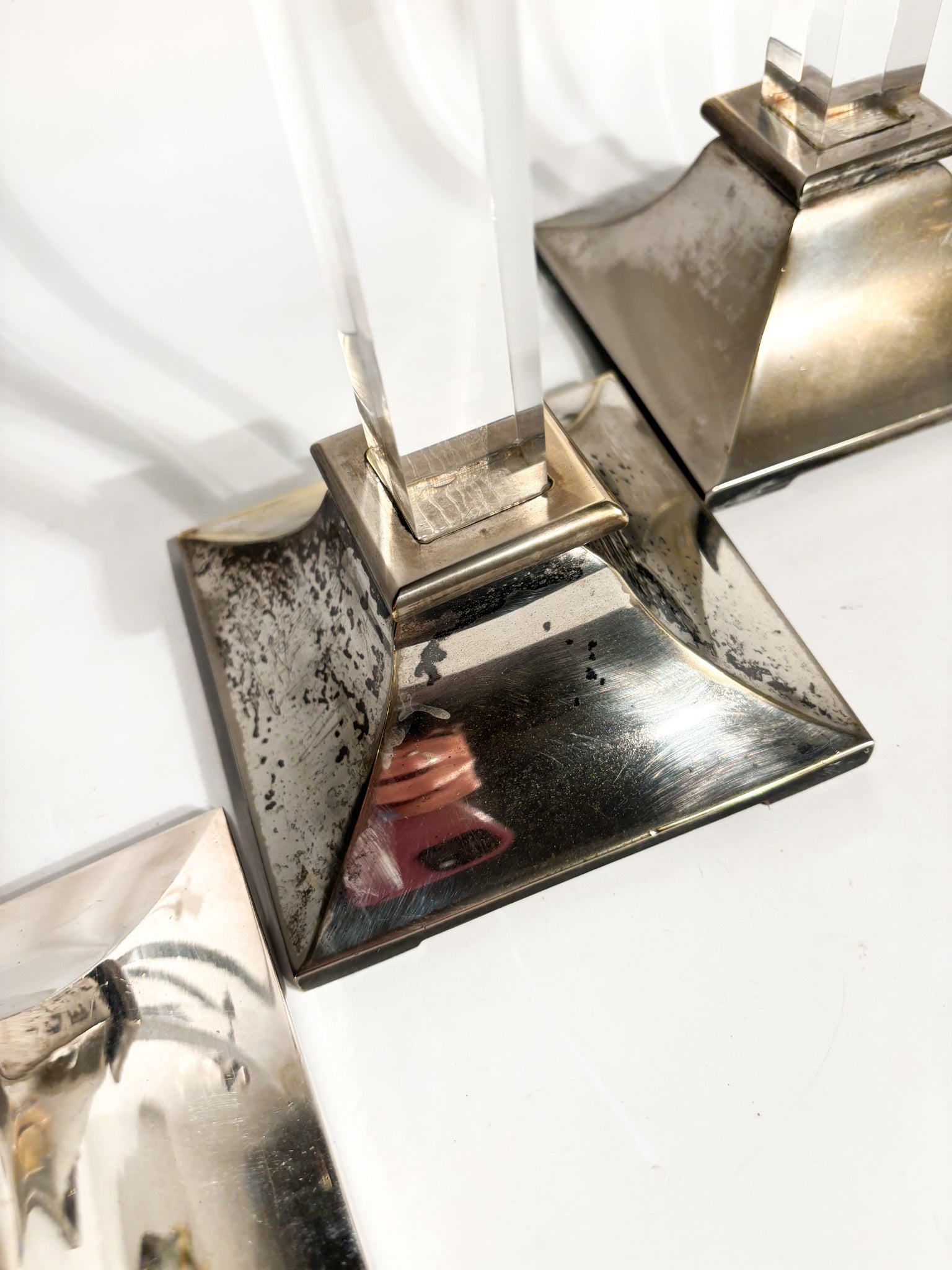 Set da Tre Portacandele in Plexiglass e Metallo Argentato Anni 70