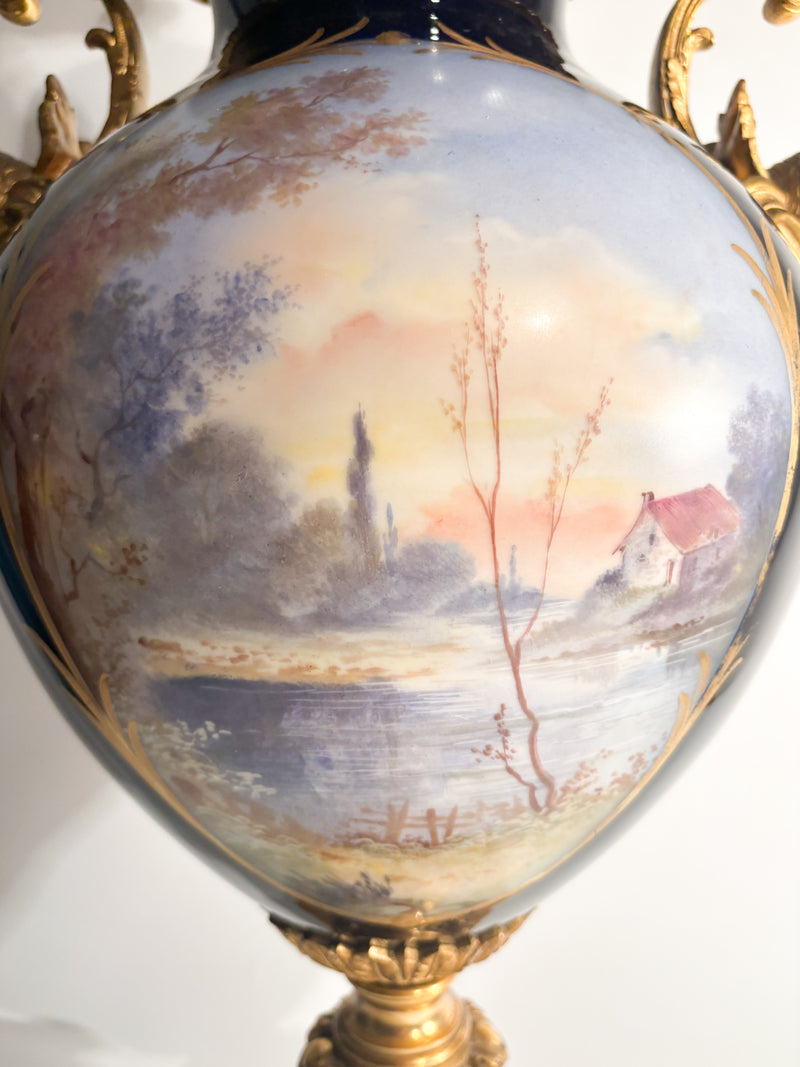 Sèvres Porcelain Vase Painted by E. Baurens and Bronze Mount from the 1940s