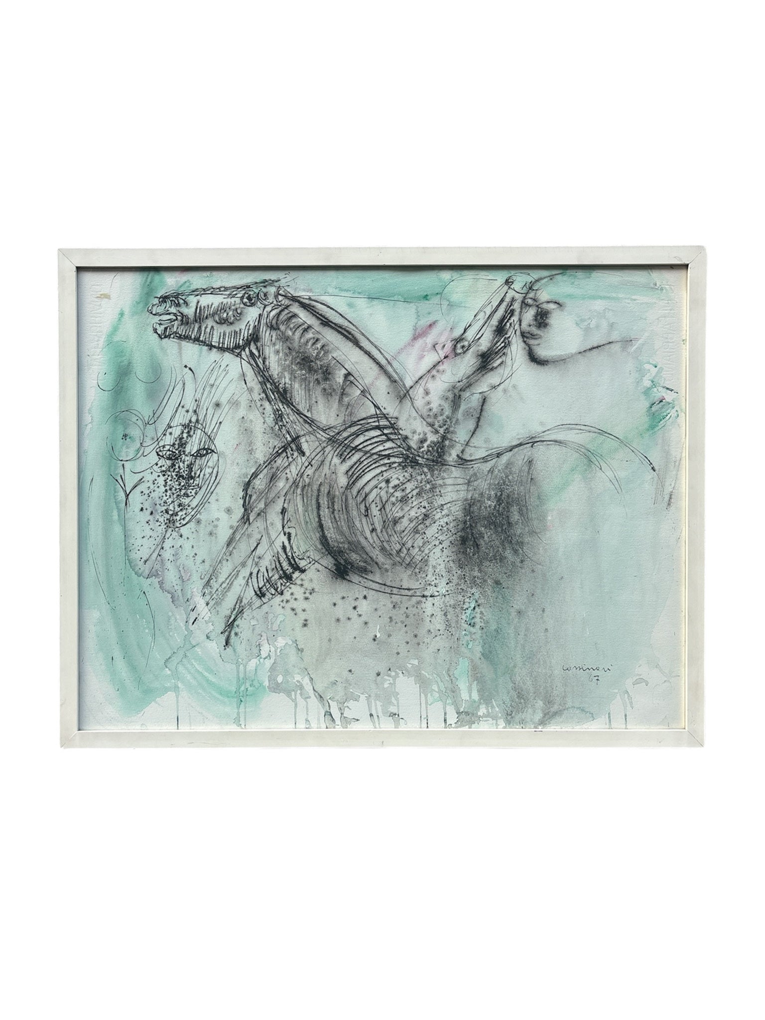 Watercolor Painting of Horses by Bruno Cassinari, 1960s