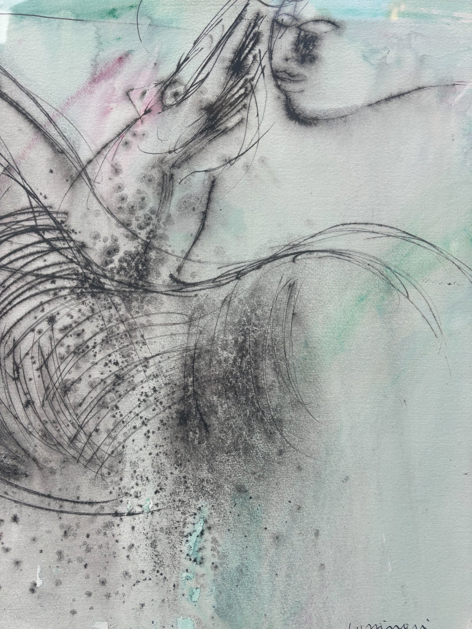 Watercolor Painting of Horses by Bruno Cassinari, 1960s