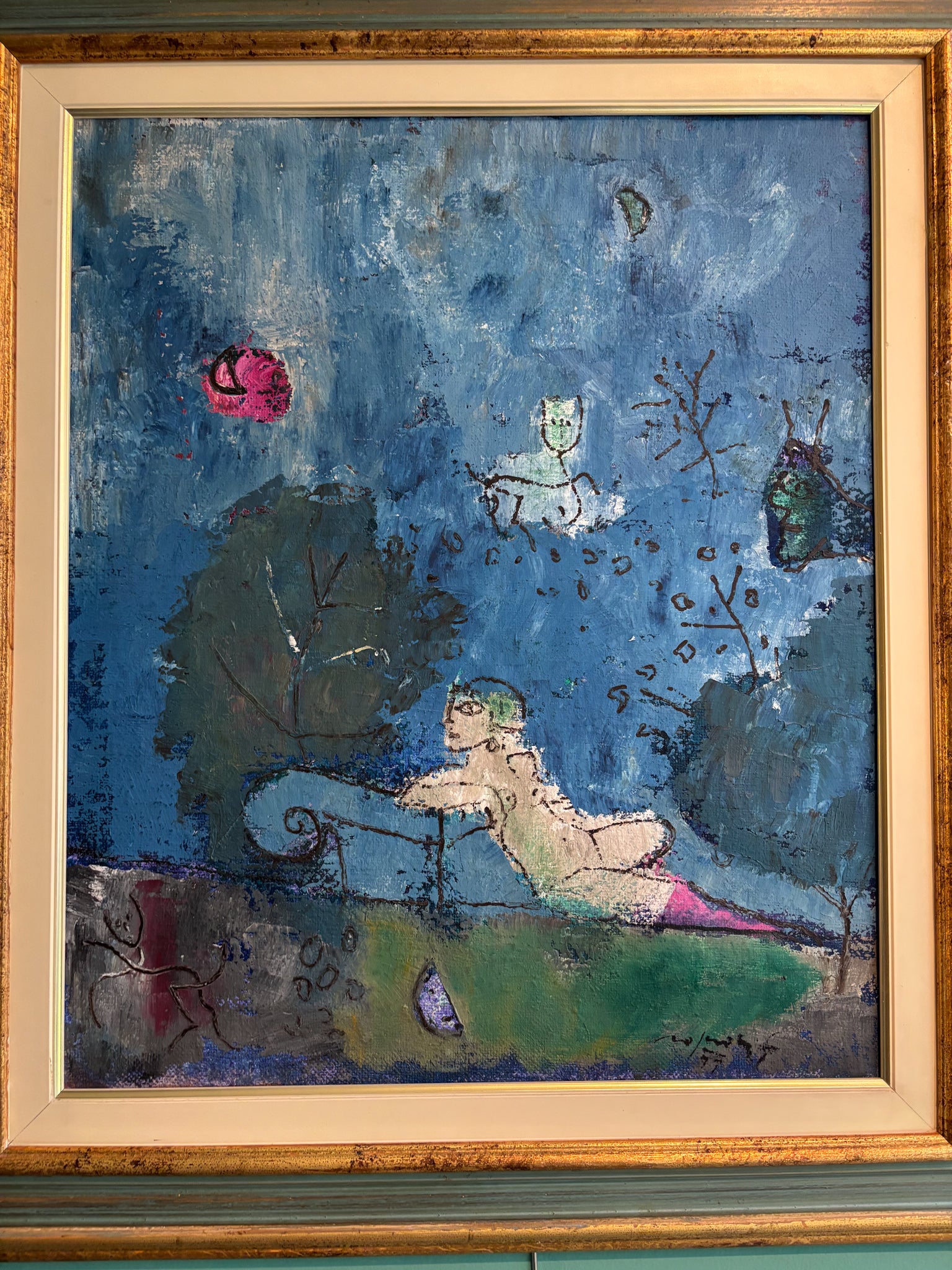 Dipinto Olio su Tela "Giardino Romantico" di Franco Rognoni del 1977