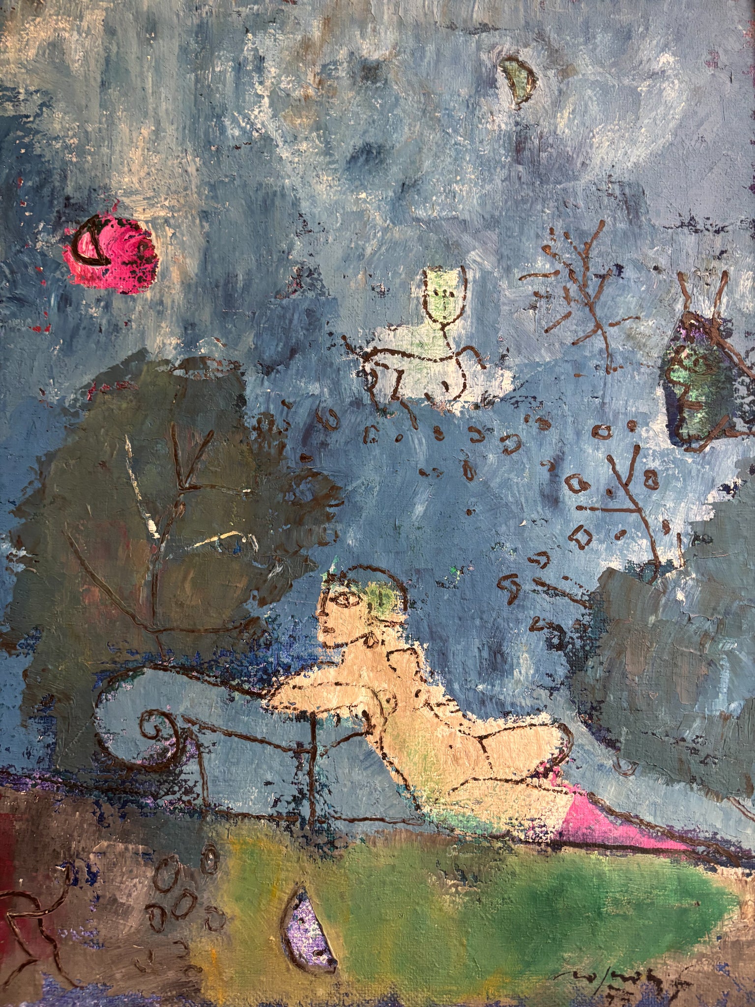 Dipinto Olio su Tela "Giardino Romantico" di Franco Rognoni del 1977