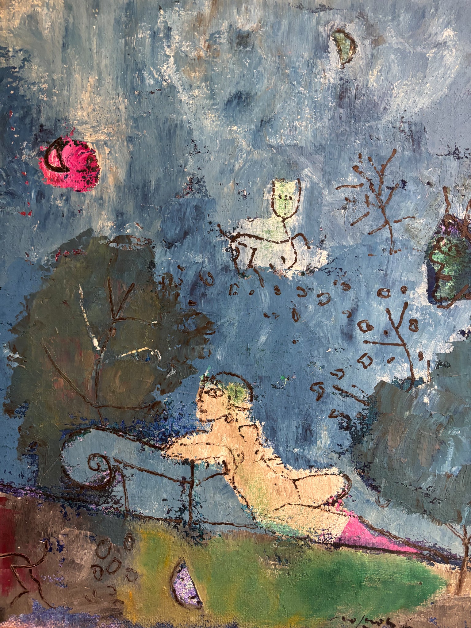 Dipinto Olio su Tela "Giardino Romantico" di Franco Rognoni del 1977