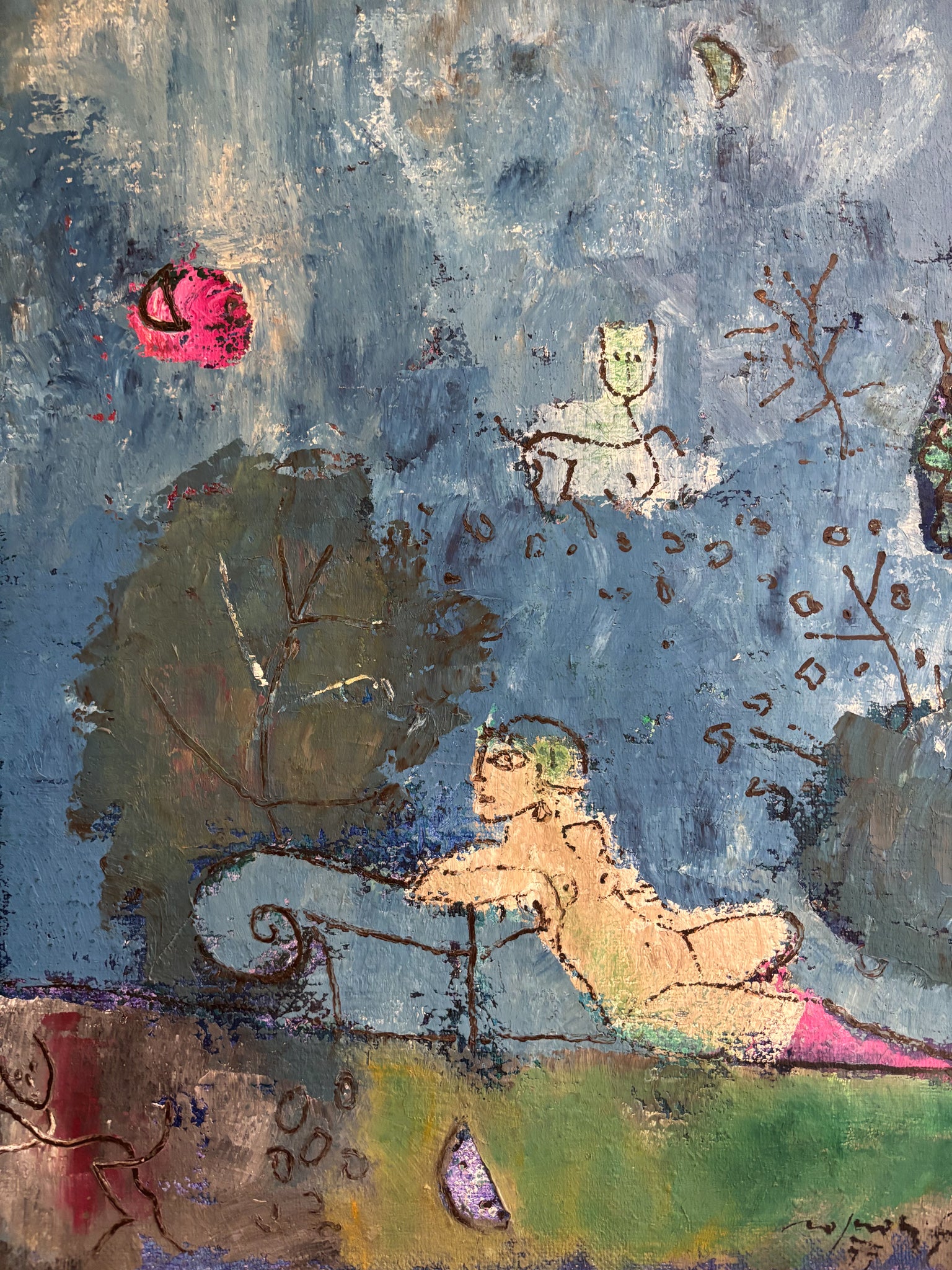 Dipinto Olio su Tela "Giardino Romantico" di Franco Rognoni del 1977