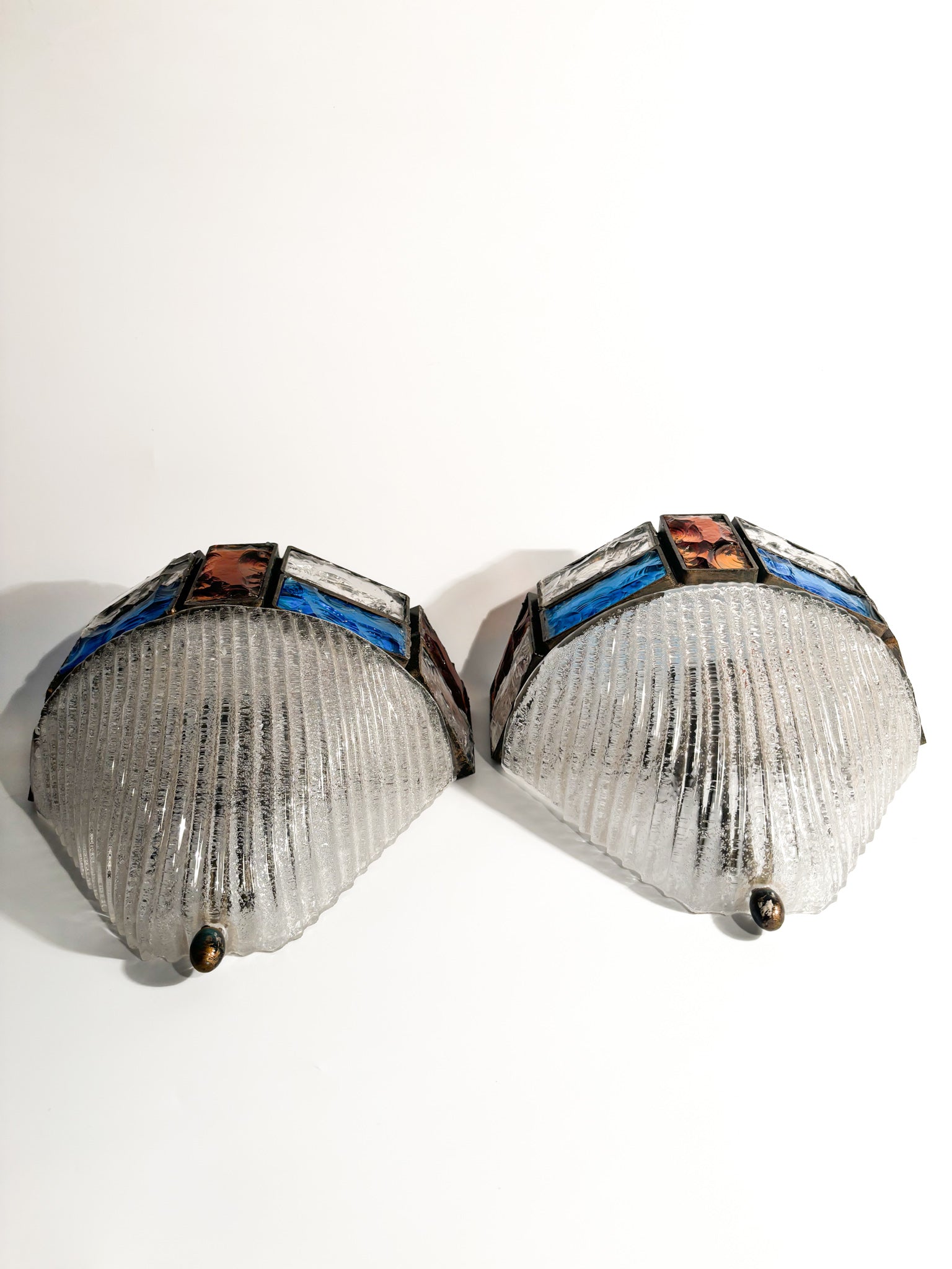 Pair of Poliarte Longobard Wall Lights in Hammered Glass and Wrought Iron from the 1970s