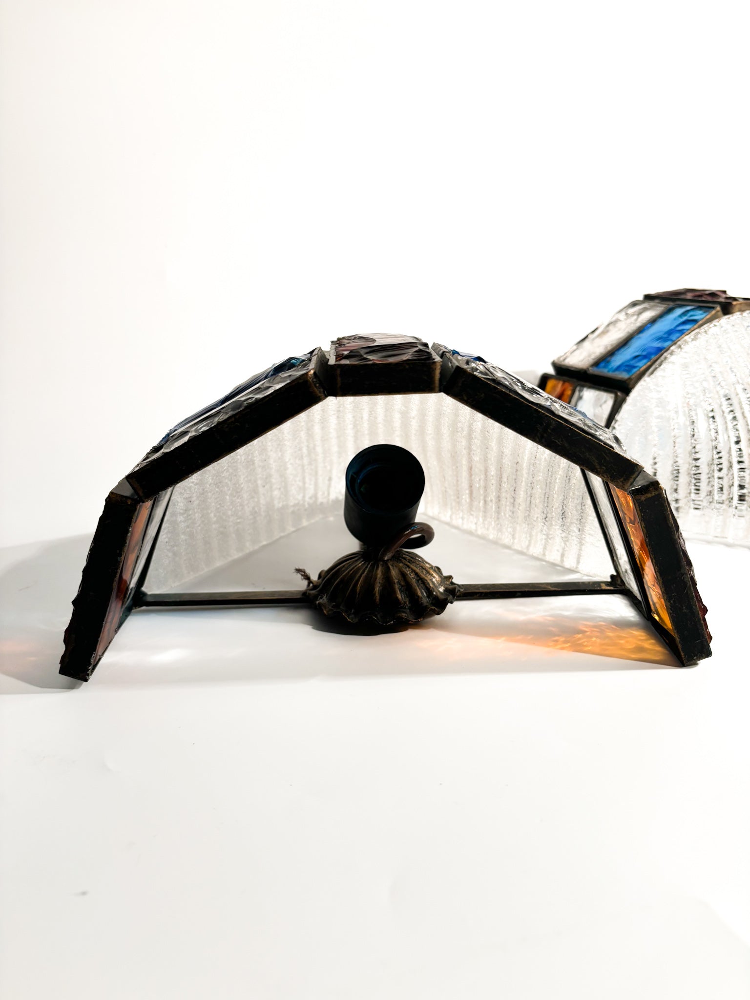 Pair of Poliarte Longobard Wall Lights in Hammered Glass and Wrought Iron from the 1970s